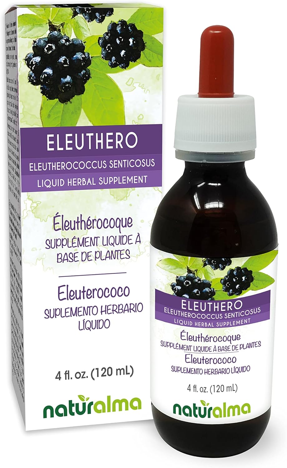 Naturalma Eleuthero or Siberian Ginseng (Eleutherococcus senticosus) Root Alcohol-Free Tincture – 4 fl oz Liquid Extract in Drops – Herbal Supplement – Vegan