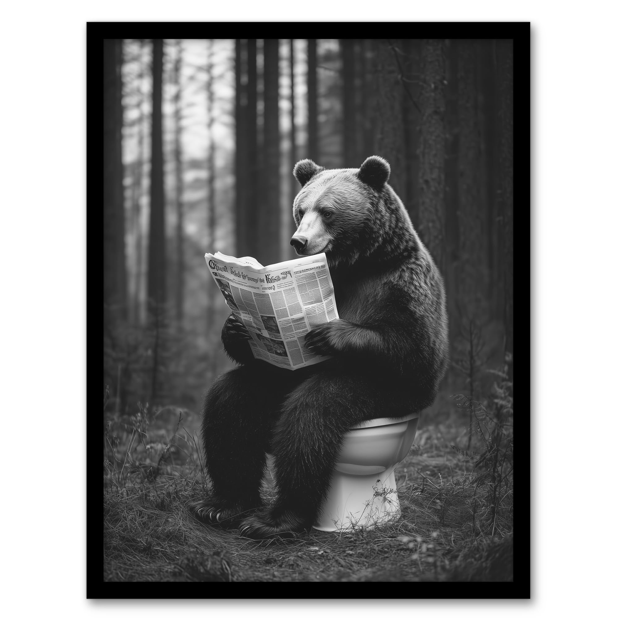 Artery8 Grizzly Bear Toilet Newspaper Black White Forest Bathroom Toilet Artwork Framed Wall Art Print 18X24 Inch