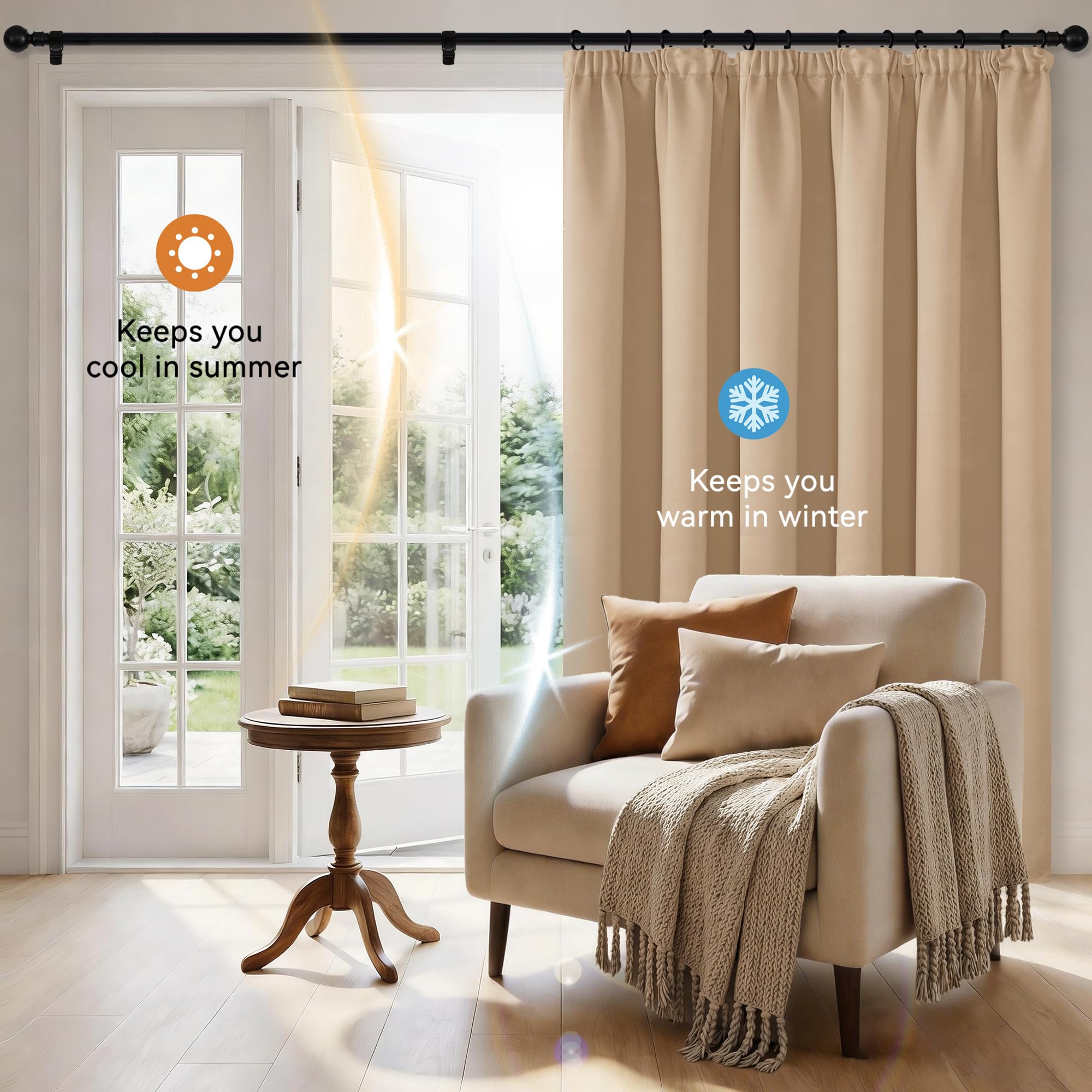 Hiasan Rideaux Occultants avec Galon Fronceur, 245 x 140cm (L x H), Beige | Thermiques et Protection anti Froid, Opaques pour Salon et Chambre à Coucher avec Embrasses, 2 Pieces