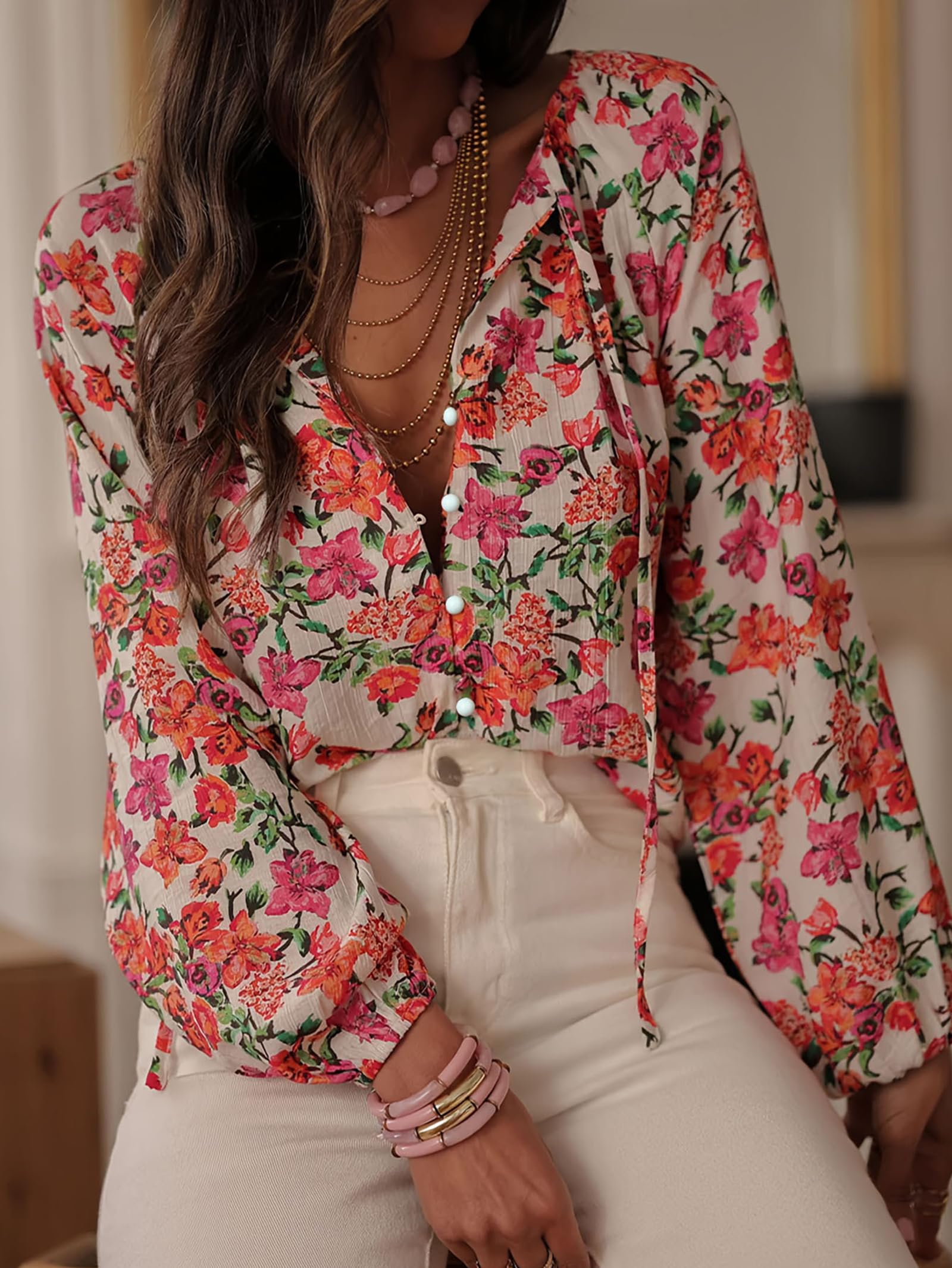 Chemisier Boutonné Vintage Floral pour Femme Manches Longues en Chiffon Hauts De Travail Professionnels