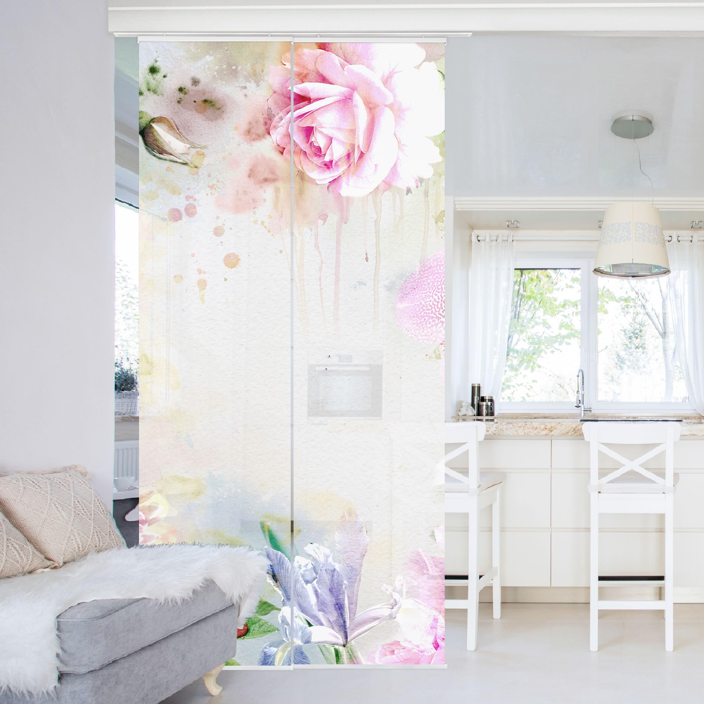 Schiebegardine halbtransparent 60er Paneel Klett Blumen Textil lichtdurchlässig - Motiv Aquarell Flächenvorhang beige Wohnzimmer Schlafzimmer 1056 (120x250 cm - 2er Set)