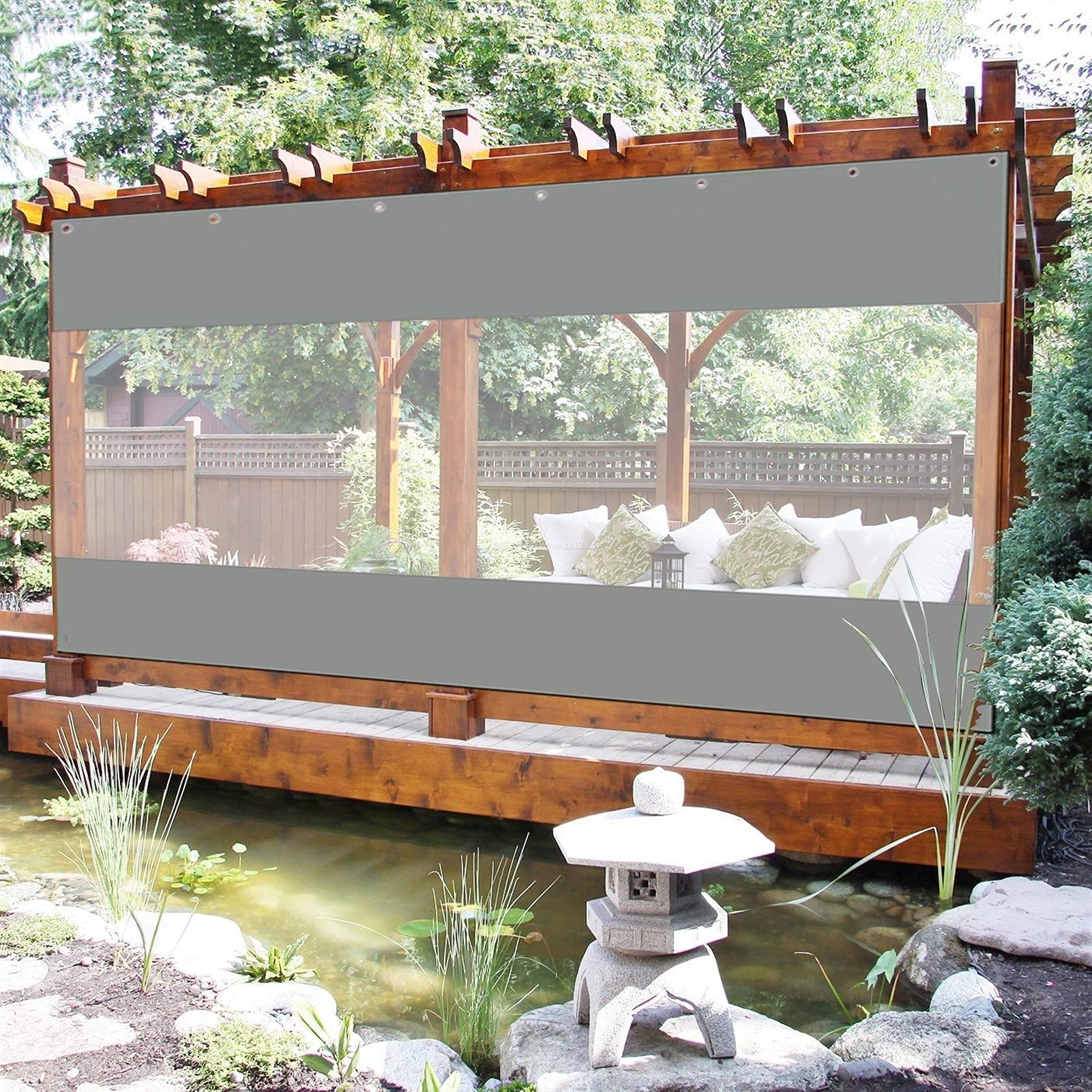 Tenda impermeabile da esterno per pergola, trasparente, antivento, termica, antistrappo, con occhielli, ideale per gazebo, grigio chiaro, 2,4 x 3 m