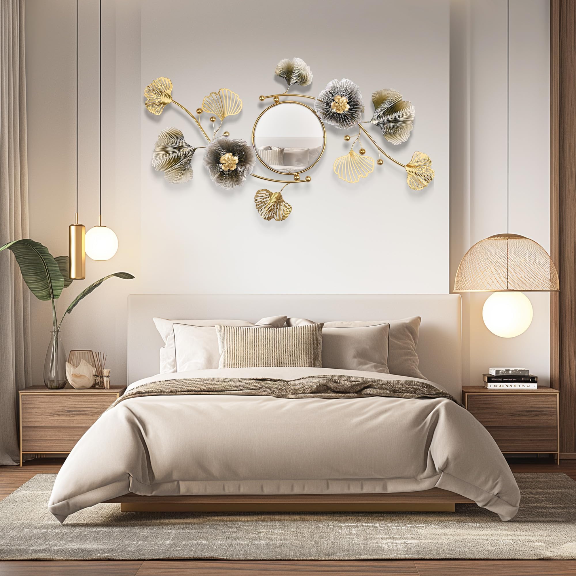Specchio Da Parete Decorativo 3D Con Foglie Di Ginkgo - 82cm Per Soggiorno, Camera, Bagno