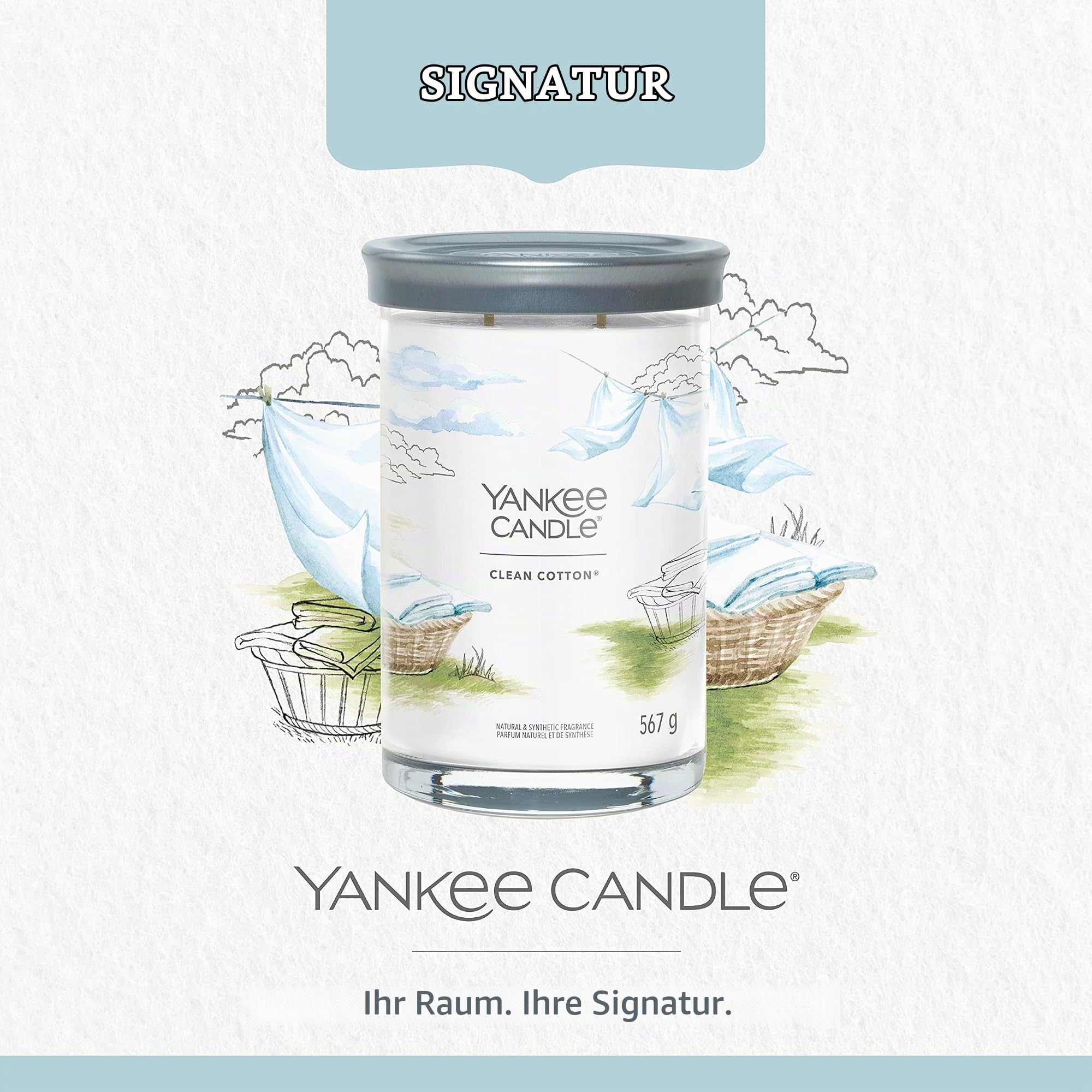 Yankee Candle Signature Duftkerze ; große Tumbler-Kerze mit langer Brenndauer „Clean Cotton“ ; Soja-Wachs-Mix ; Perfekte Geschenke für Frauen