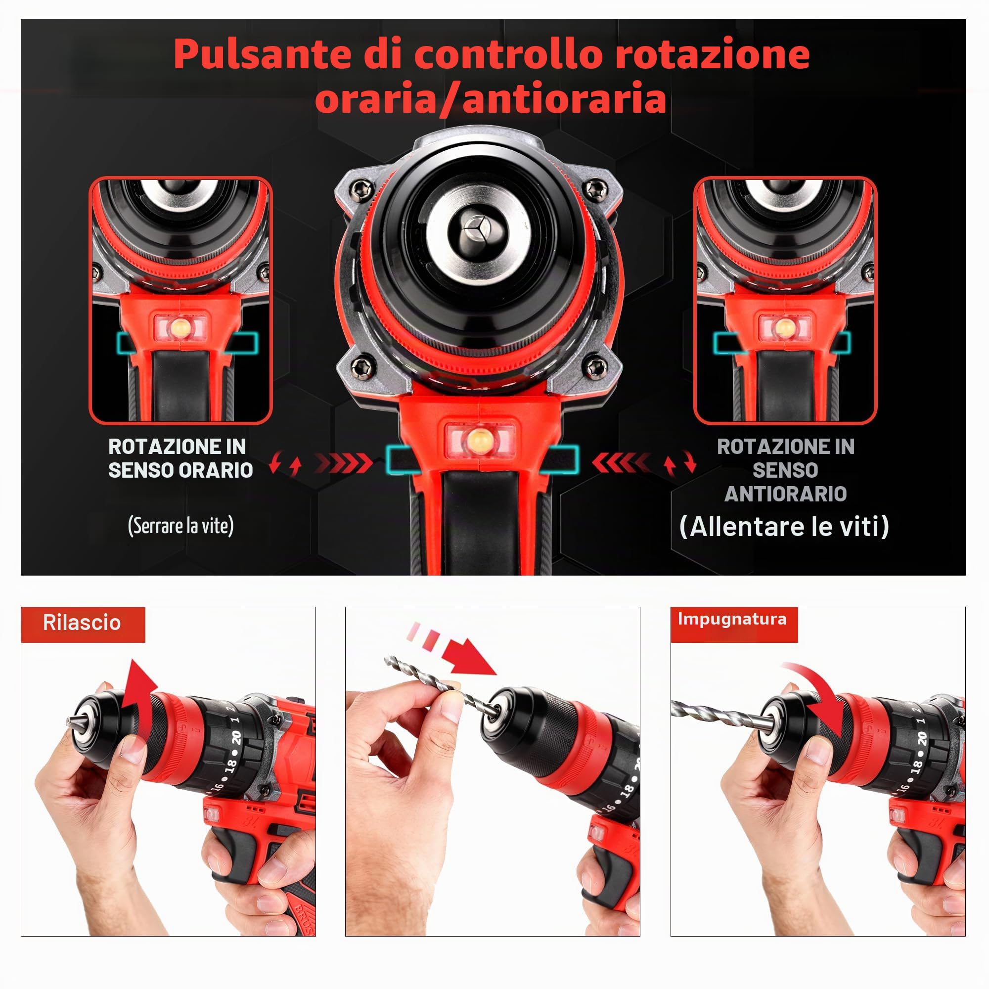 TEENO Avvitatore a batteria 18 V senza spazzole professionale, kit trapano wireless, 20+3 velocità, 45 Nm, 2 velocità, con 4 testine multifunzione