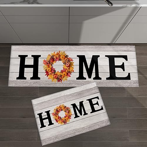 Miniatura 4 de Juego de 2 alfombras y tapetes de cocina de Acción de Gracias, hojas de flores, pájaros en rama, tapetes de cocina para piso, alfombras