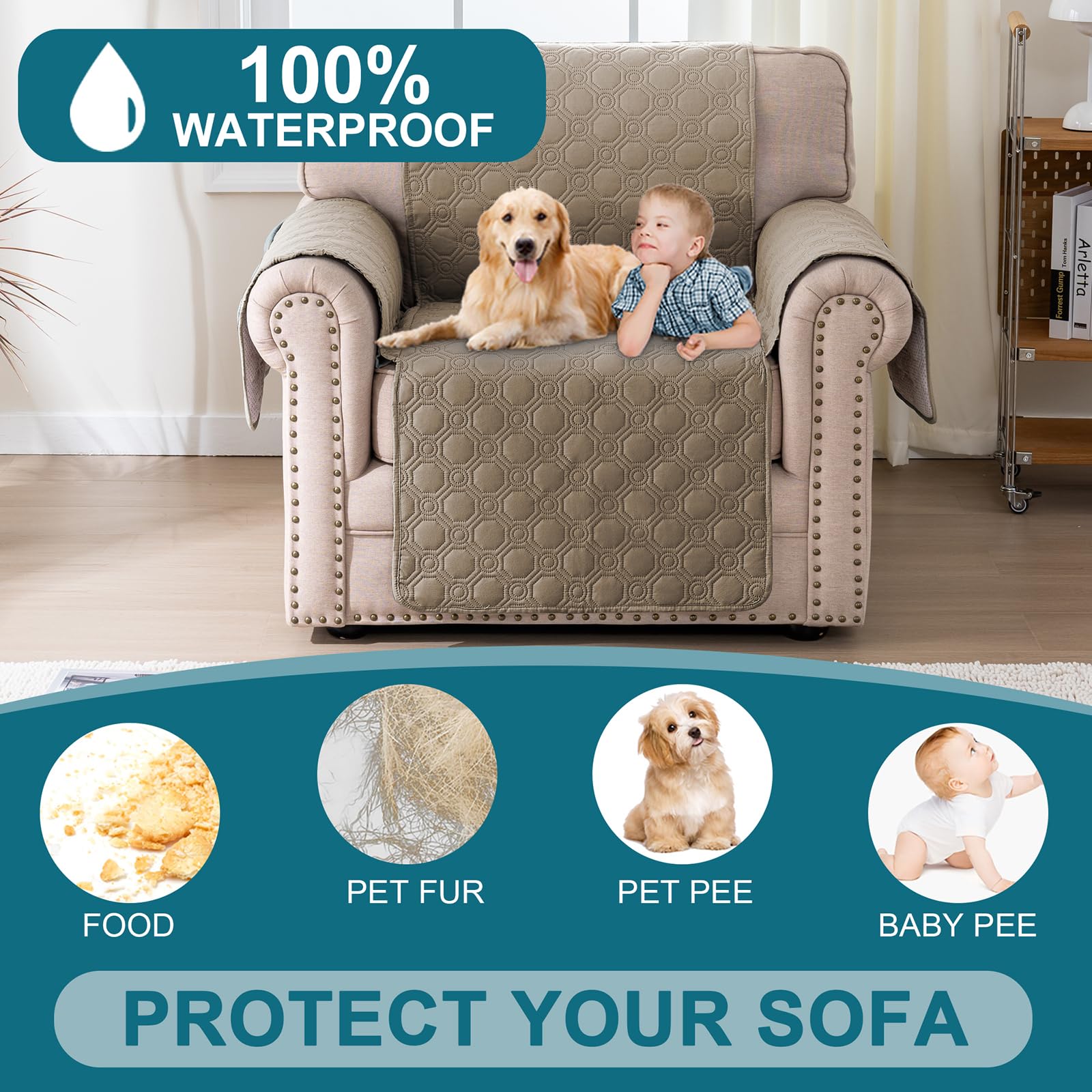BellaHills Armchair Covers 100% Waterproof Sofa Cover Non-Slip Sofa Slipcovers Couch Covers Washable with Elastic Strap Sofa Protectors from Pets Seat Width 22"(1 Seater - Image 3