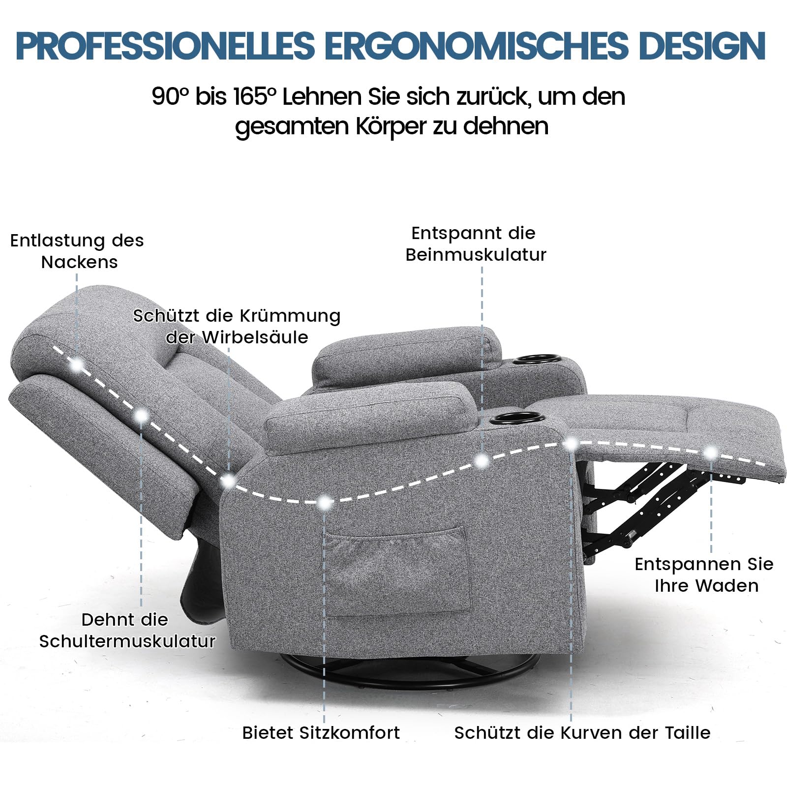 COMHOMA Relaxsessel aus Stoff für Wohnzimmer mit Manuell Verstellbarer Rückenlehne, Ausziehbarer Fußstütze, 360° Drehfunktion, Becherhaltern, Seitentaschen und Ergonomischem Design, Dunkelgrau