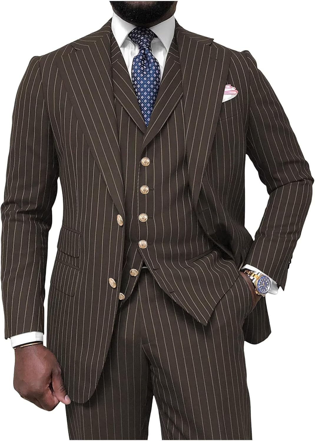 Men's Pinstripe Suit 3 Piece Classic Fit Slim Fit Suit Tuxedo Jacket Vest Pants Casual Suit for Business Wedding Prom