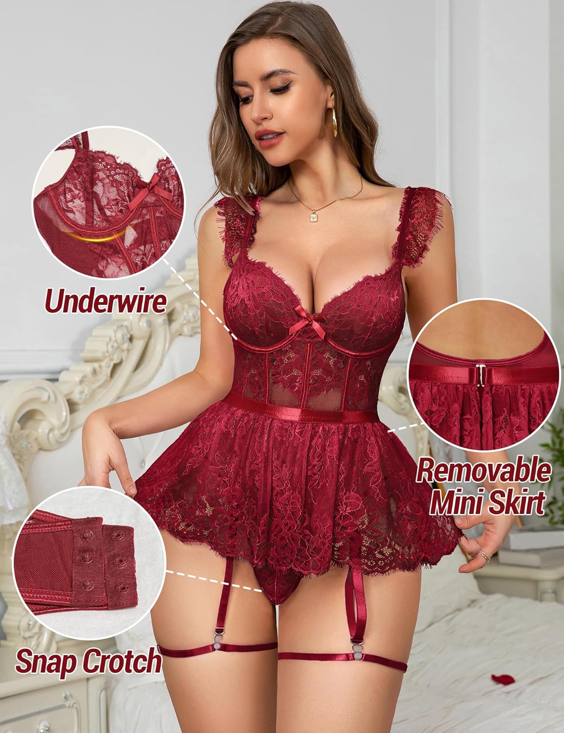 Women Lingerie Set Naughty Lace Bodysuit Underwire Babydoll with Garter Corset rave outfits - Image 2