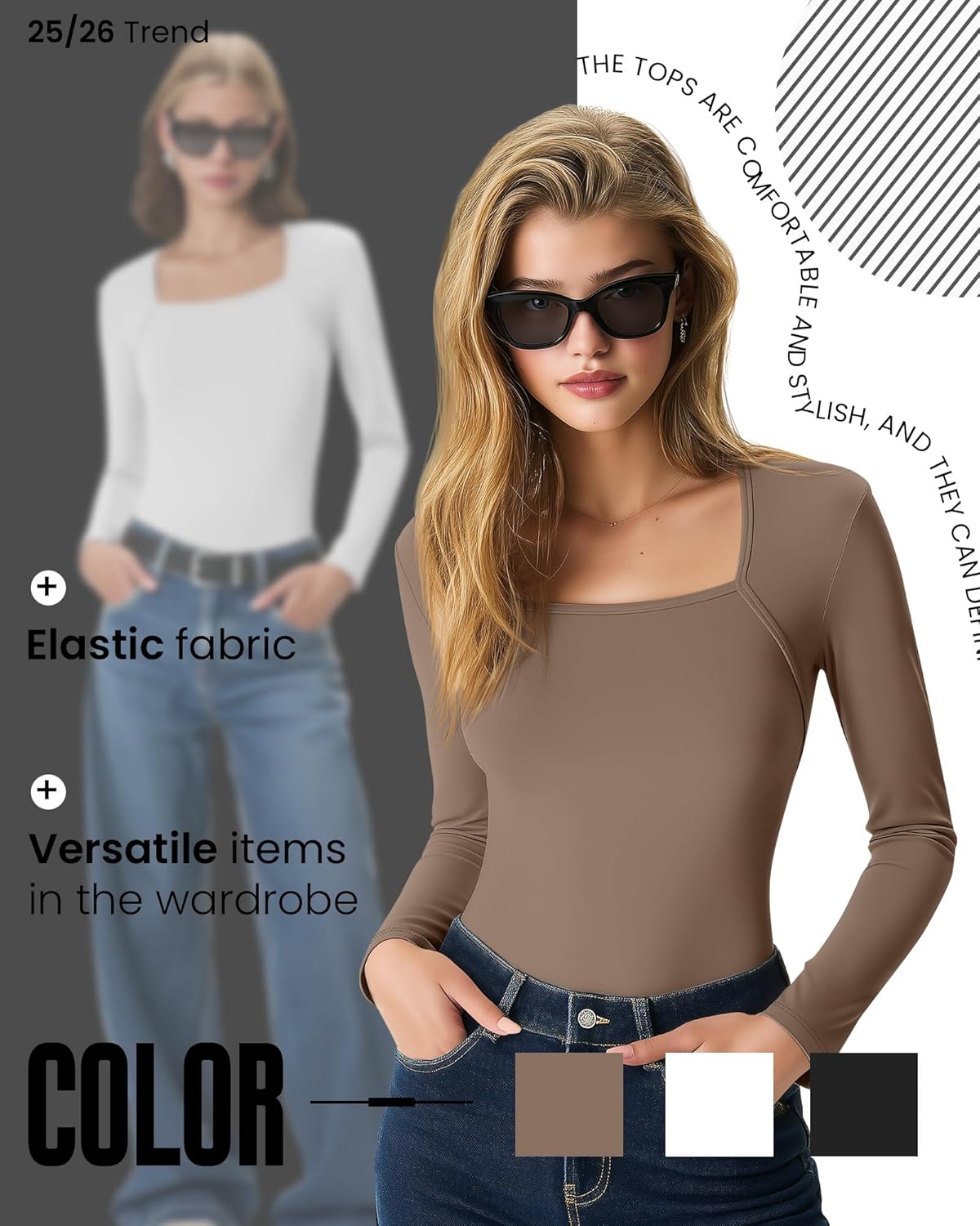 3 Pack Women's Square Neck Long Sleeve Tops, Double Lined Slim Fit Shirts Basic Trendy Going Out T Shirts - Image 4