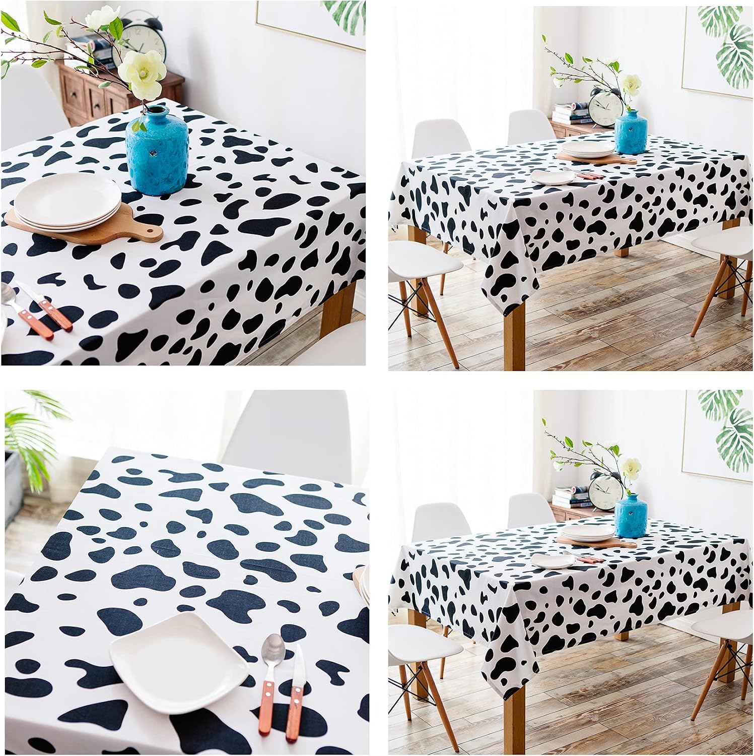 Yansanido 2 Pcs Disposable Black and White Cow Print Plastic Tablecloth, 108 Inch x 54 Inch Ractangle Tablecover, for Party, Dance and Picnic (Black White Cow Print, 2)
