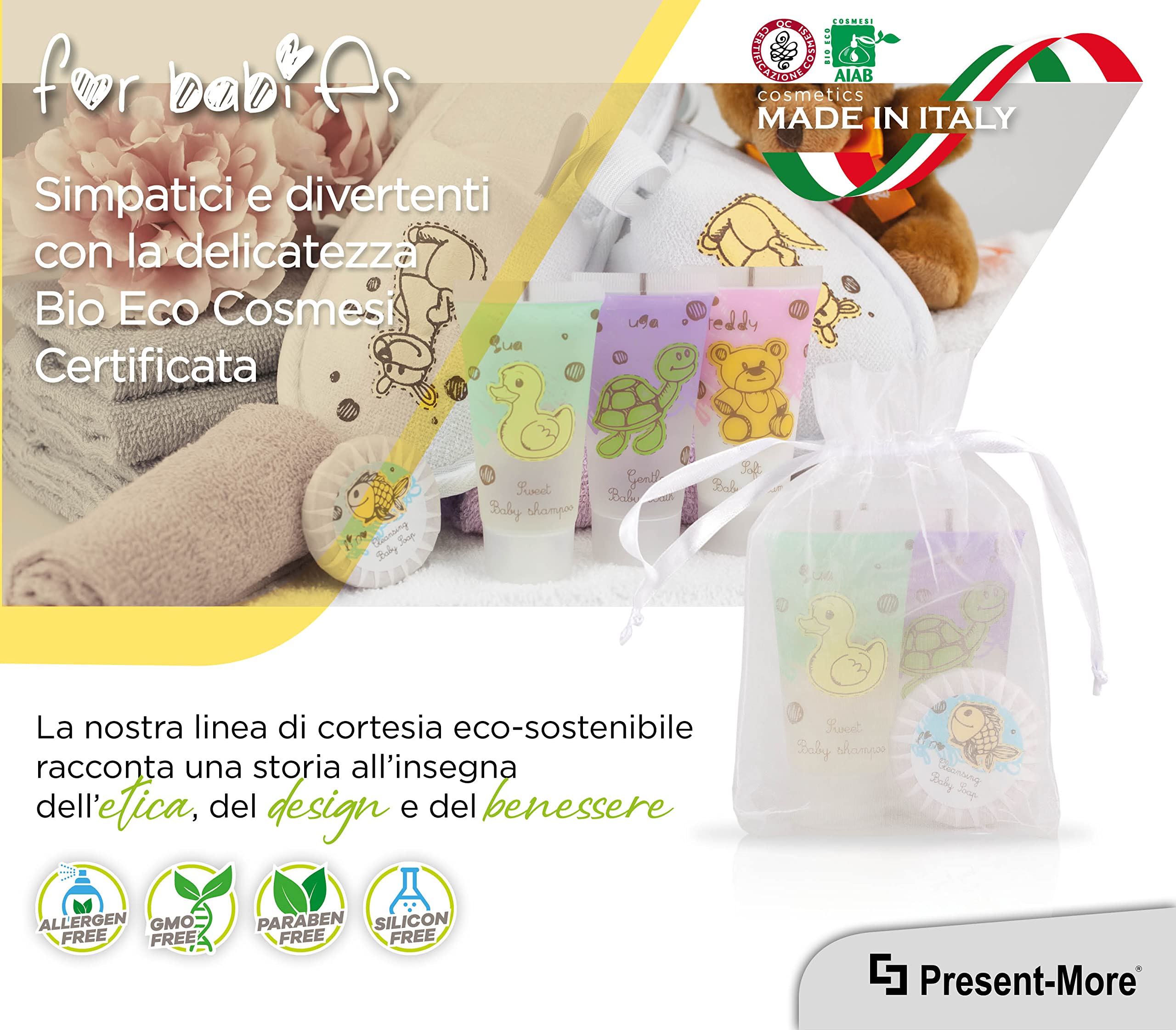 PRESENT-MORE - Set Cortesia 15 Ospiti For Babies | Fragranza Bubble - Shampoo, Gel Doccia, Crema Corpo e Sapone - Made in Italy - Per Hotel e B&B