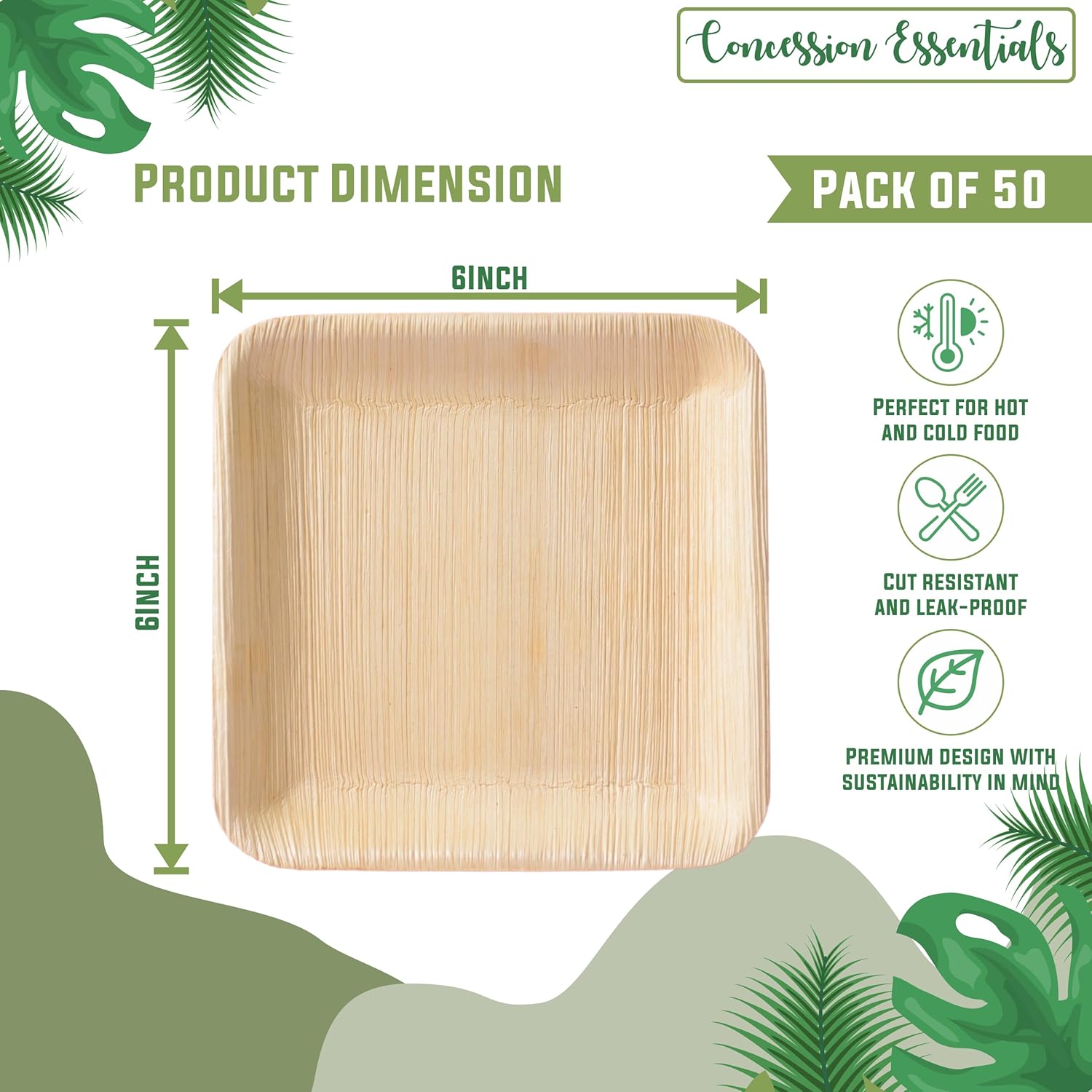 6 Inch Square Palm Leaf Dessert Plates -Bamboo Plates for Appetizers - Compostable and Eco-Friendly- Pack of 50ct