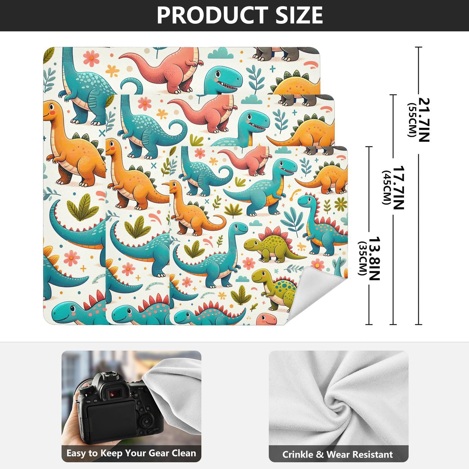 ODAWA Magic Cosmetics Pouch 13.8. In, Dinosaur Fun Green Magic Self-adhesive Storage Protective Cloth, Lens Protector for Camera