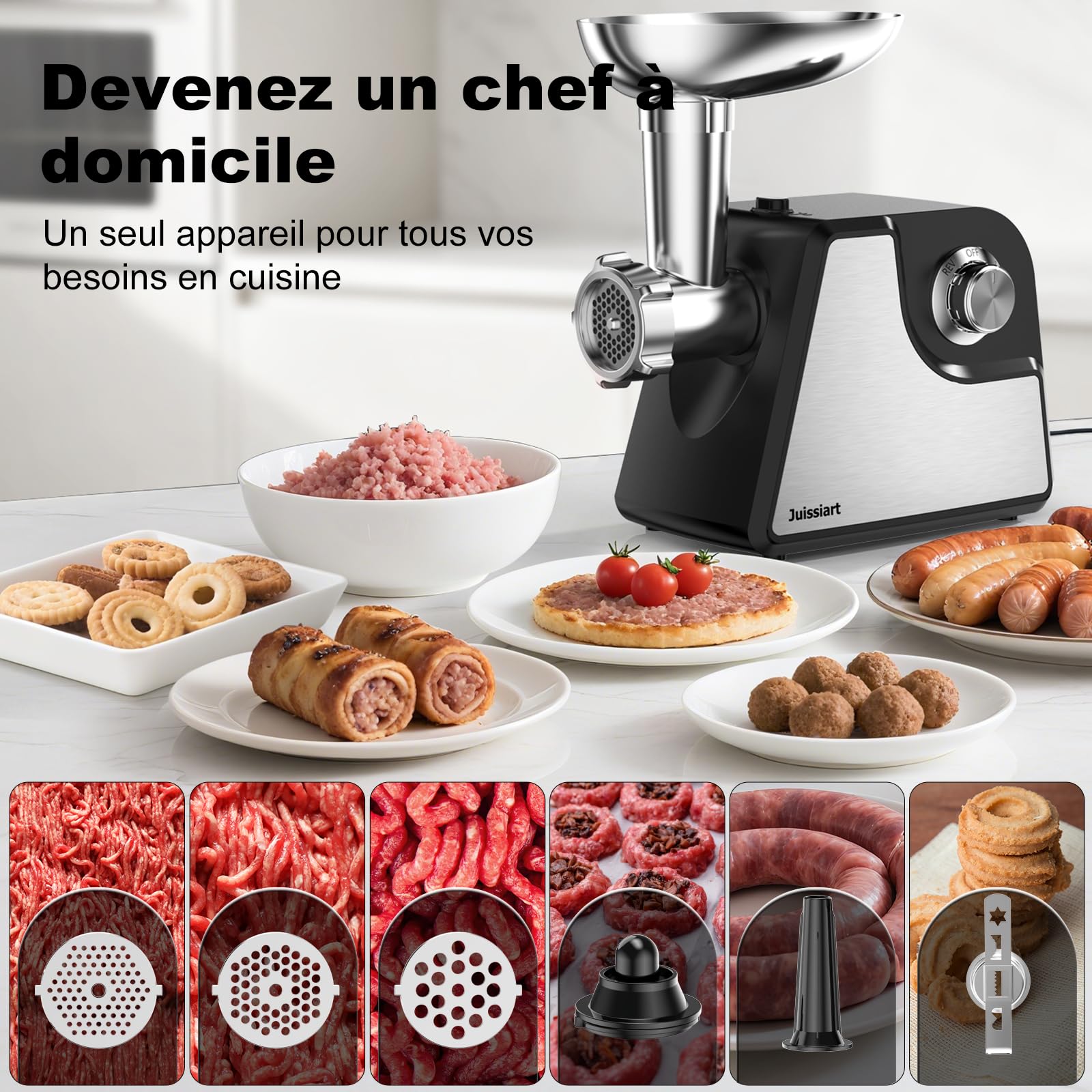 Hachoir à Viande électrique Juissiart 2500W - 3 Plaques (3/5/7 Mm), Accessoires Saucisse, Kibbeh, Biscuits - Moteur Cuivre, 2 Vitesses - 7