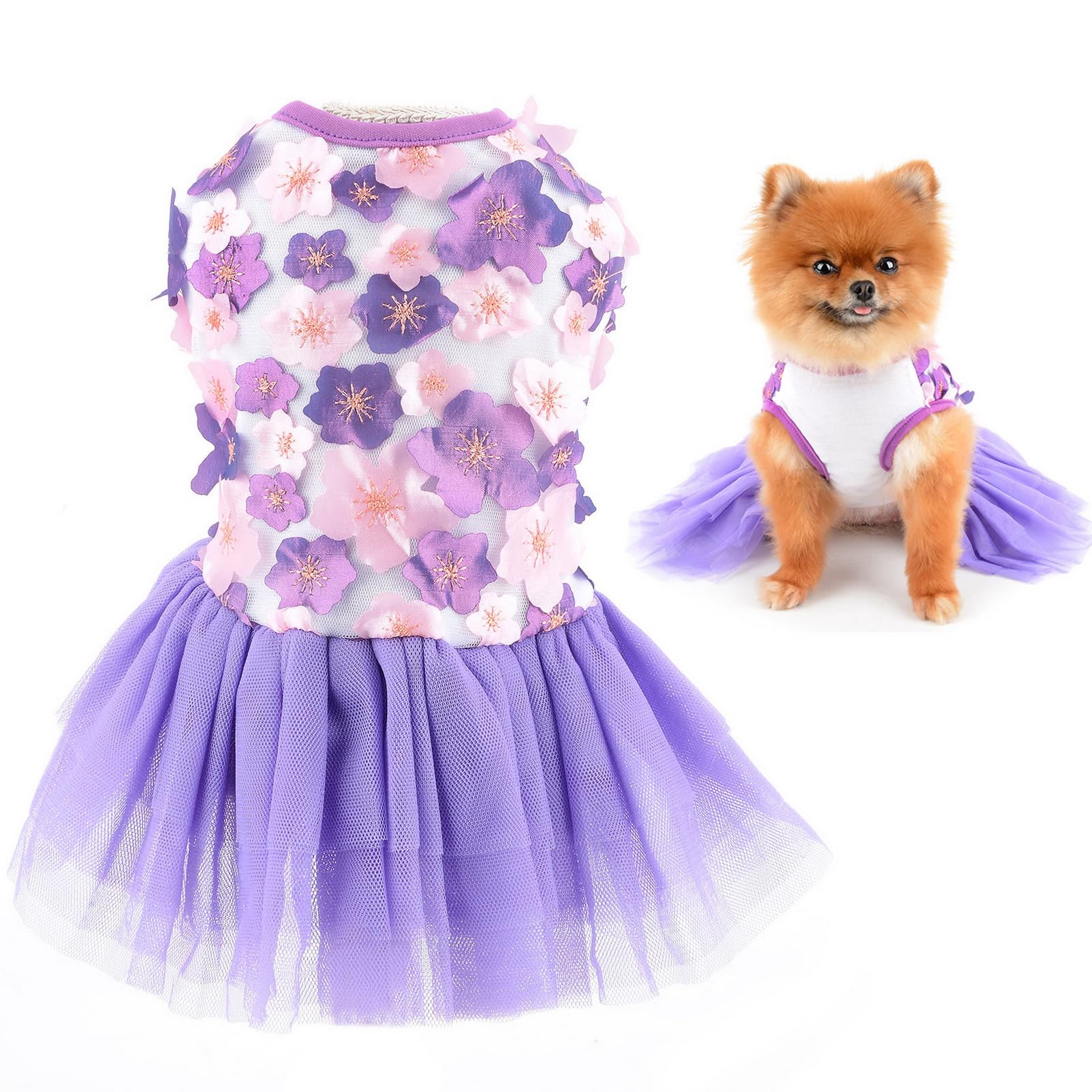 SMALLLEE_LUCKY_STORE Cute Pet Flower Princess Dress for Small Dog Cat Girls Puppy Sundress Tutu Skirt Yorkie Chihuahua Summer Clothes,Purple/White,S