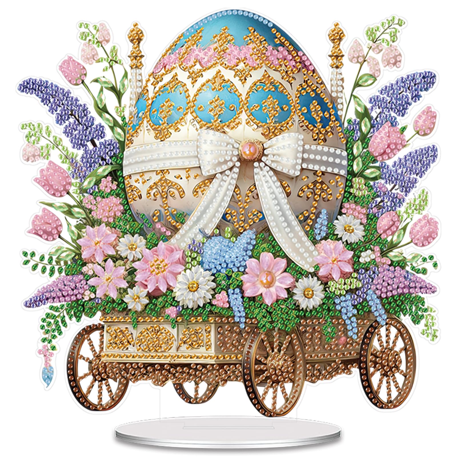 Easter Diamond Art Tabletop Kit, Acrylic Diamond Art Painting Desktop Ornament with Stand, Special Shape Gem Craft Decor for Adults Beginners, Holiday Gift(Easter Carriage Bow Eggs)