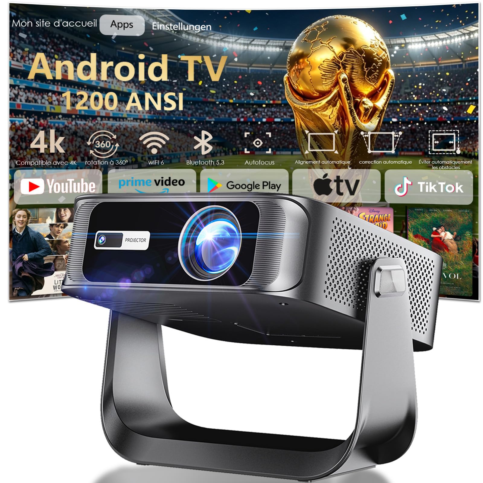 [Apps intégrées & 2026 Upgraded] Vidéoprojecteur Supporte 4K 1080P avec 5G WiFi 6 Et BT 5.2 Le Projecteur Soutien Rotation 360°° Portable Projecteur Video Applicable Laptop/HDMI/TV Stick