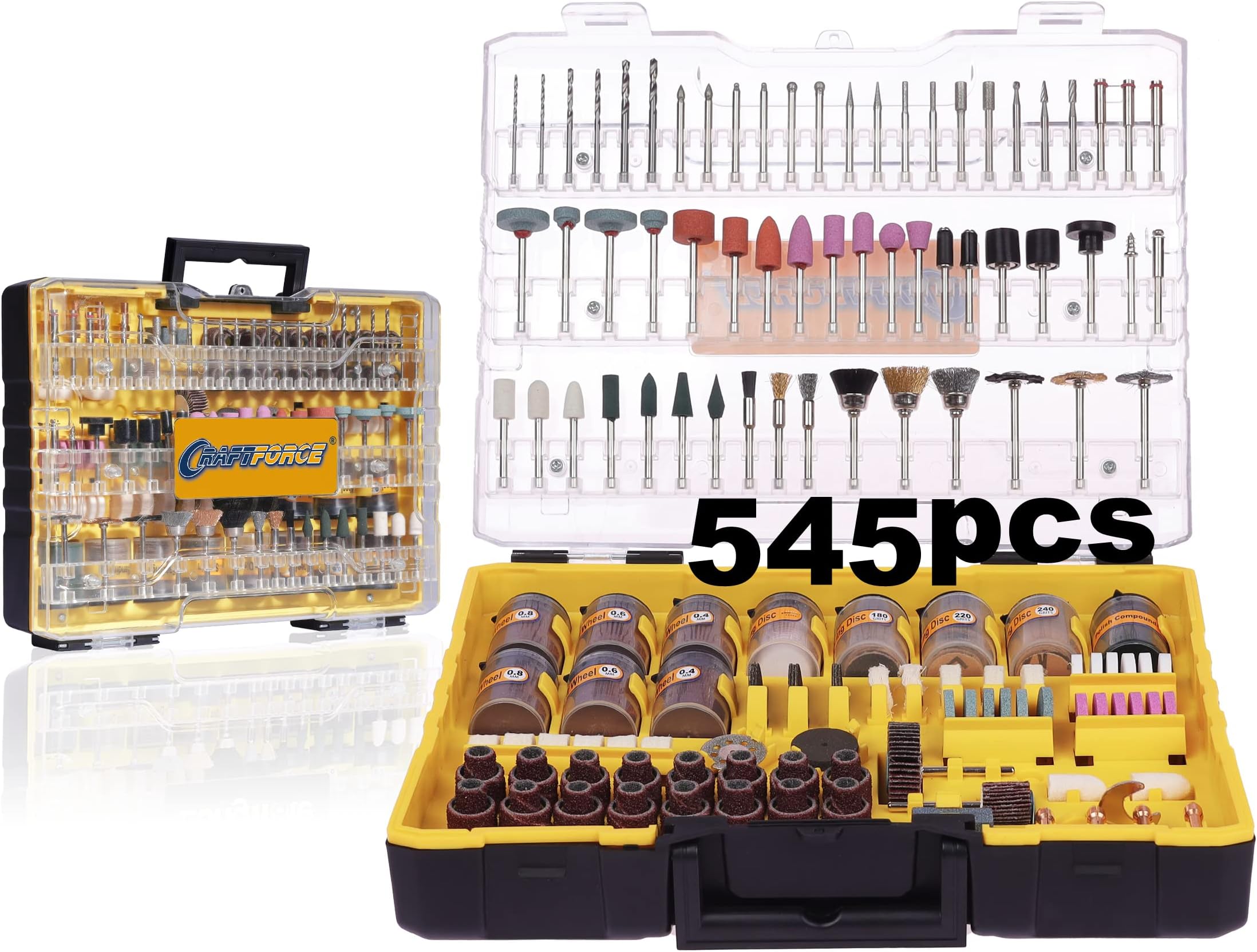 Rotary Tool Accessories Kit, Craftforce 545pcs Rotary Bit Compatible with 1/8" Shank Dremel Tool & Flex Shaft Grinder for Cutting Grinding Sanding Carving Polishing Engraving for Wood, Glass, Metal