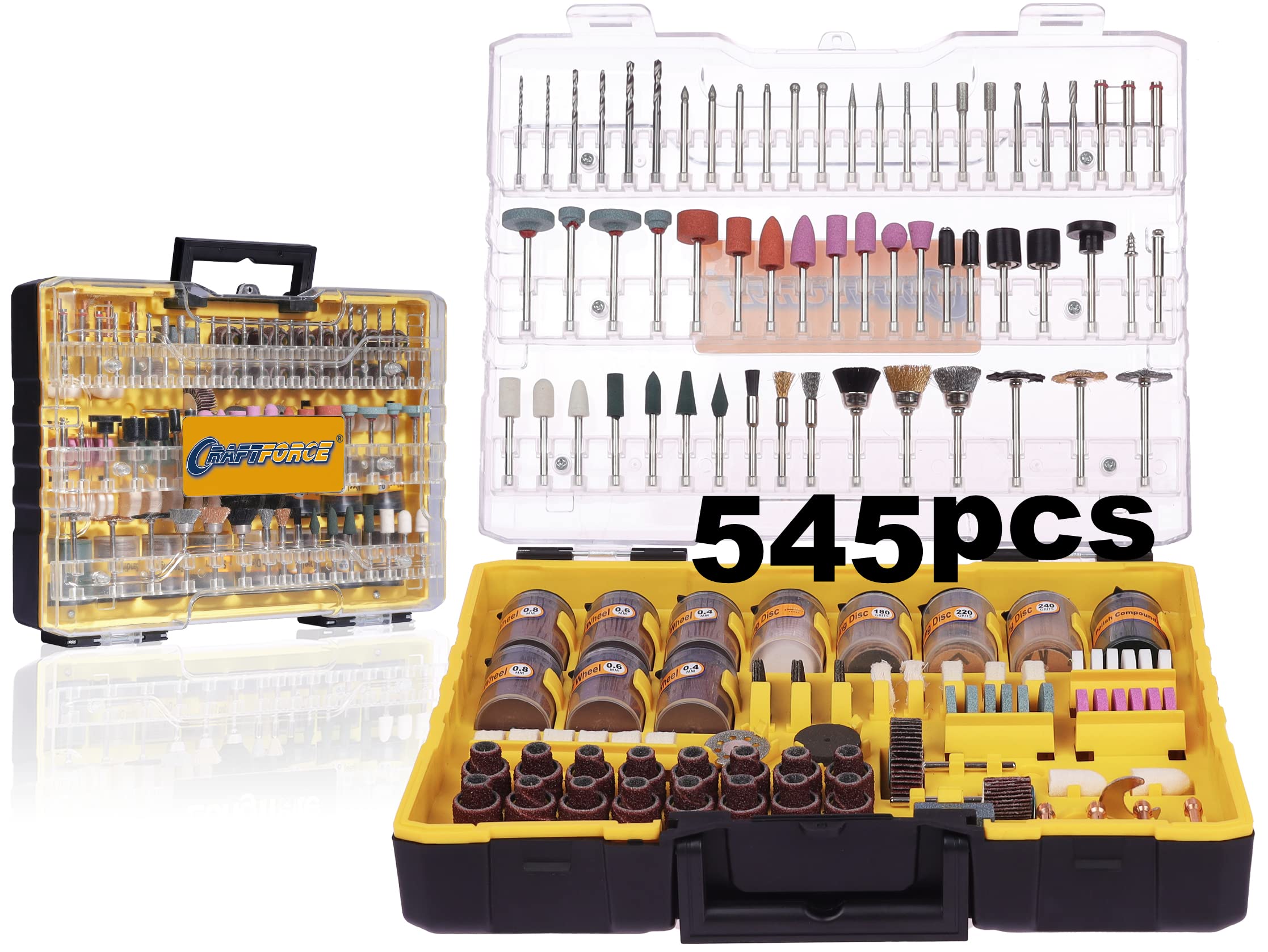 Rotary Tool Accessories Kit, Craftforce 545pcs Rotary Bit Compatible with 1/8" Shank Dremel Tool & Flex Shaft Grinder for Cutting Grinding Sanding Carving Polishing Engraving for Wood, Glass, Metal