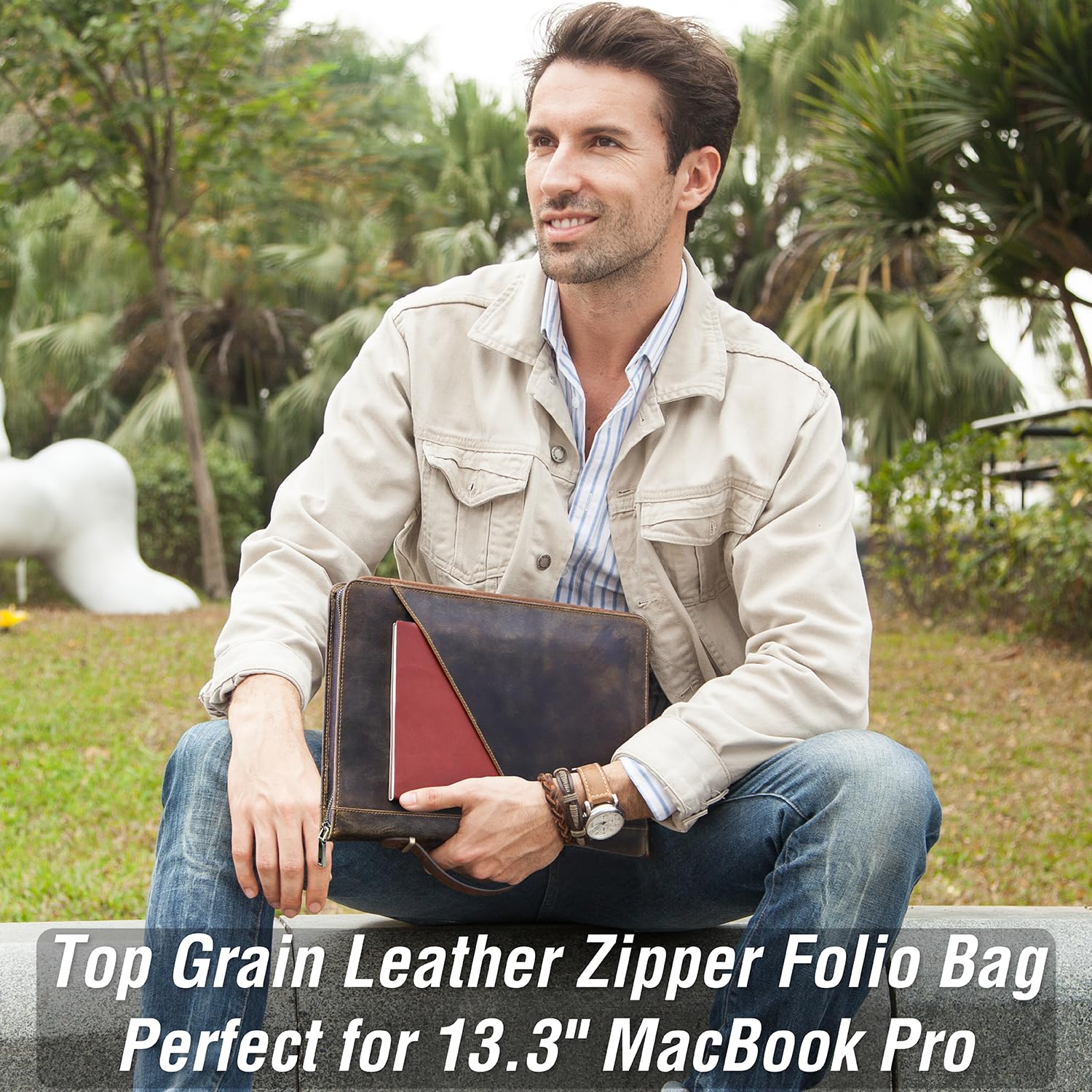 Top Grain Leather Slim Laptop Zipper Folio Case Retro Design Handmade & 2 Pockets, Compatible with MacBook Pro 33.8 cm MacBook Air M1/M2 ZenBook 33.8 cm & Other PC, Oil Coffee 13.3 Inch
