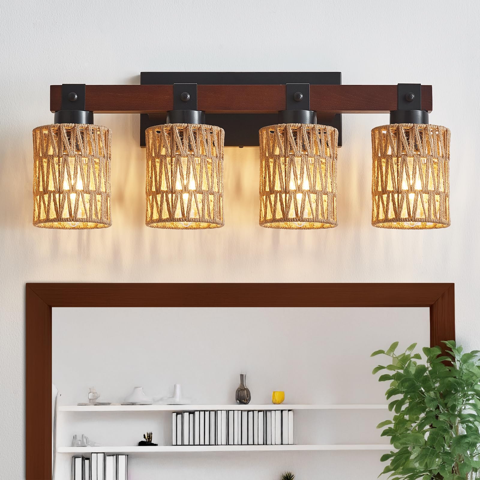 4 Light Bathroom Vanity Light Fixtures,Rustic Style Wood Bathroom Wall Sconce, Handmade Bamboo Woven Boho Wicker Basket Lamp Shade,Suitable for Bedroom, Hallway, and Living Room