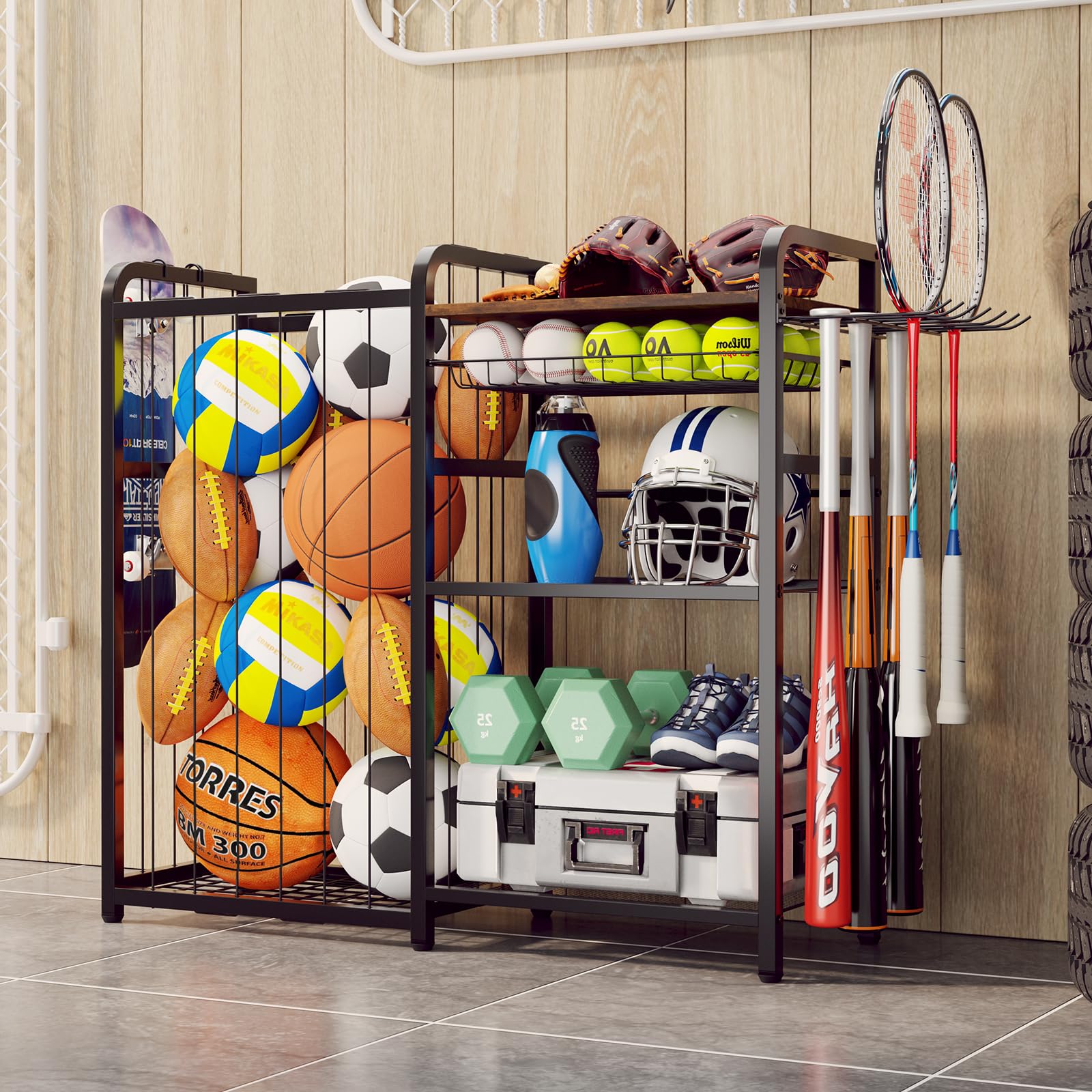 Homsorout Organizer für Sportgeräte, Ballaufbewahrung mit elastischen Bändern und abnehmbarem Korb für Garagenorganisation