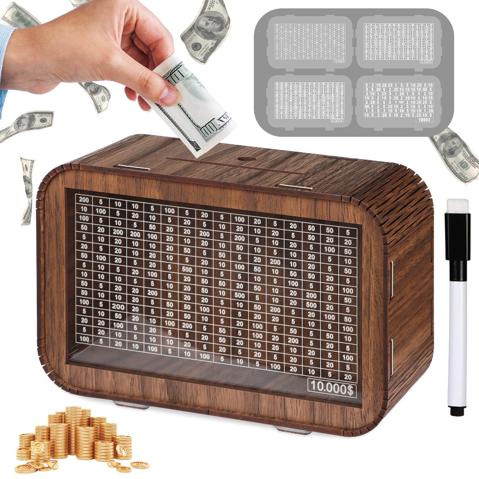 4-in-1 Piggy Bank for Adults Kids - Fully Assembled Wooden Money Saving Challenge Box(1000/3000/5000/10000) - Money Bank with Counter and Dry Erase Pen - Kakeibo Money Box for Cash Coin - BestGift
