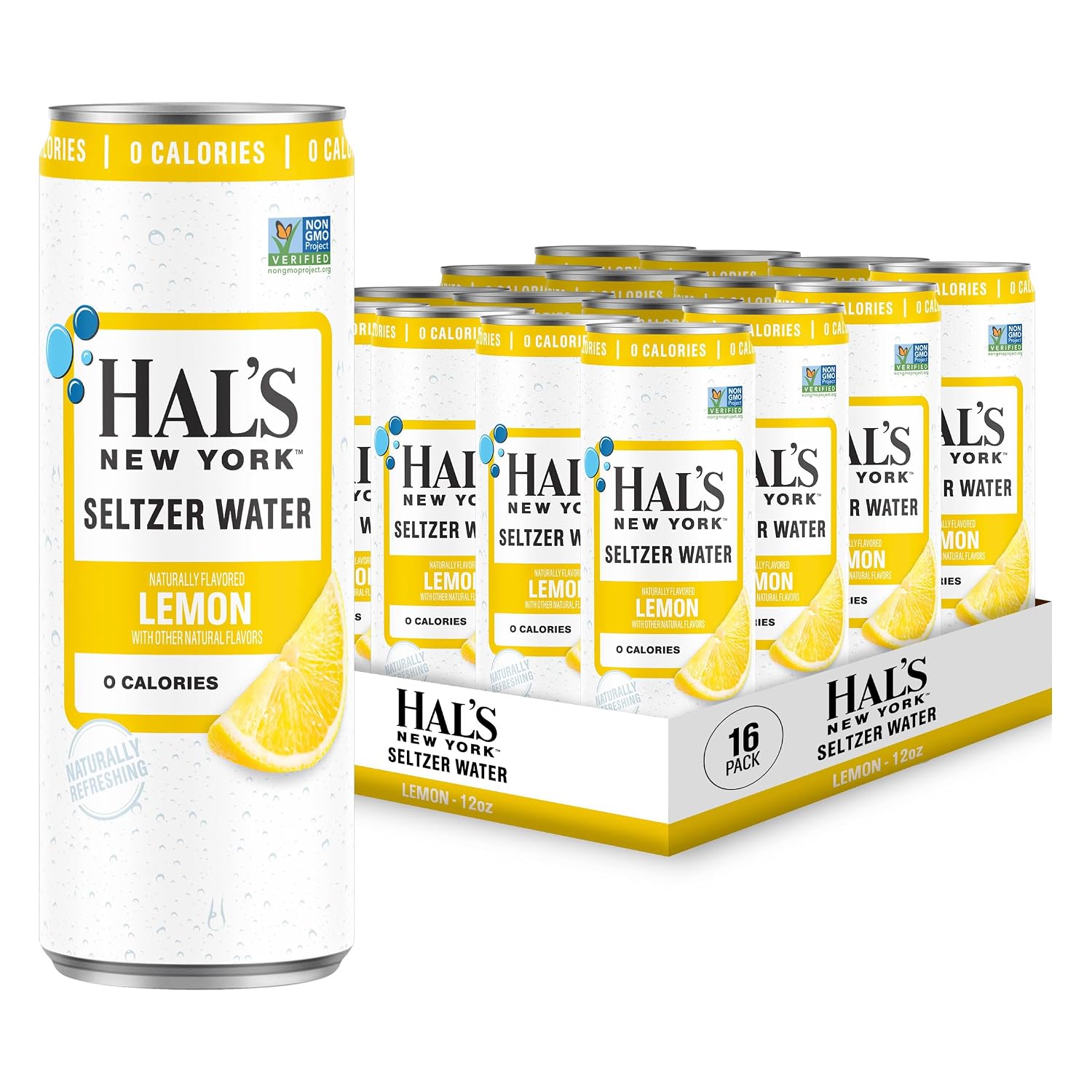 Hal’s New York Seltzer Water, Lemon, 12 Fl Oz Slim Cans (Pack of 16)