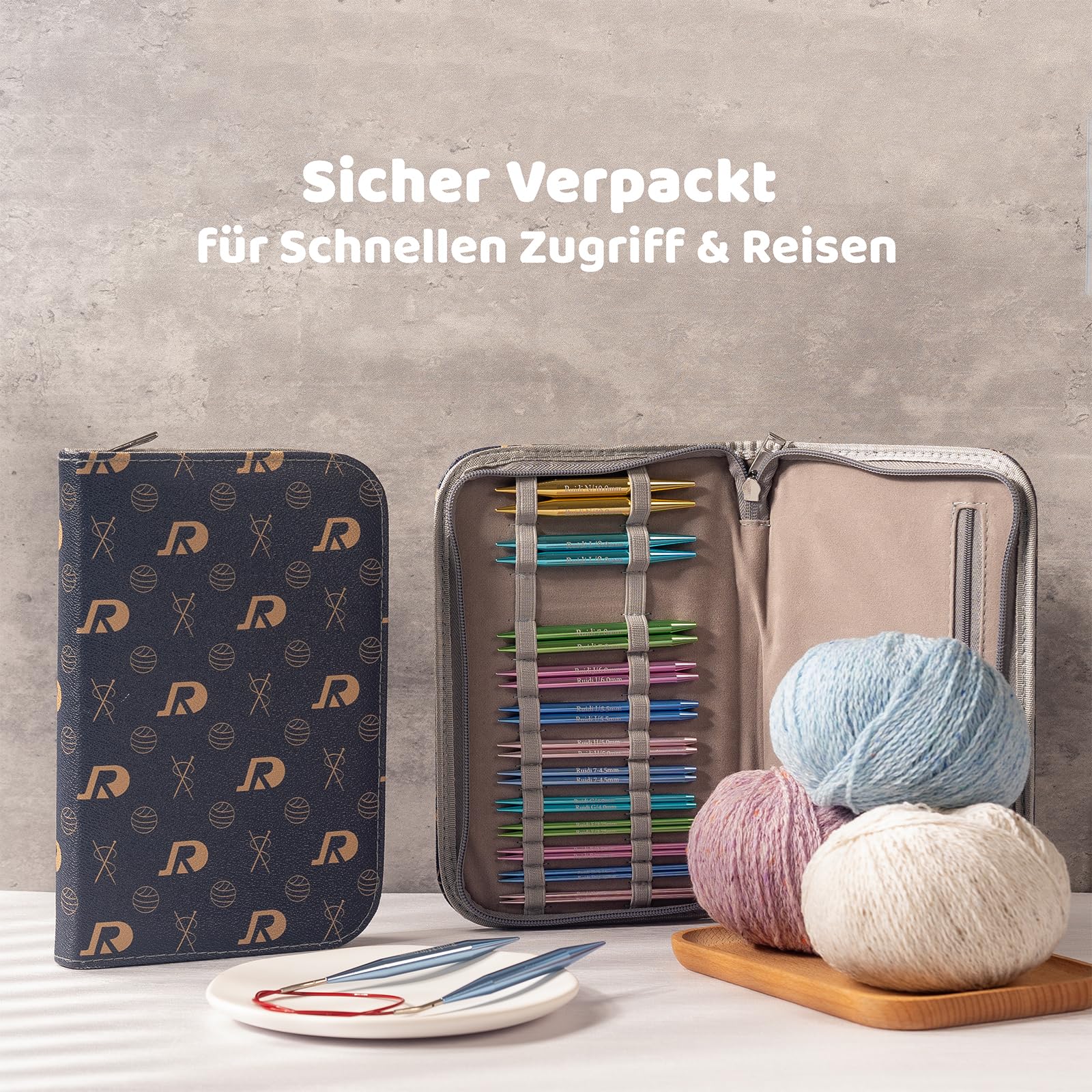 RUIDI Rundstricknadeln Set Austauschbar, 13 Paare mit Etui & Zubehör | Größen 2,75-10 mm, 10 cm glatte Aluminium-Nadelspitzen, 4 flexible Kabel ohne Memory-Effekt für vielseitige Strickprojekte