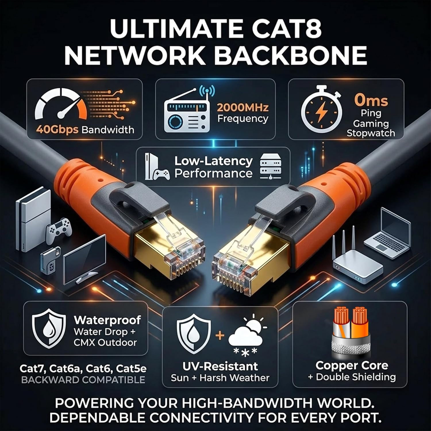 Cat 8 Ethernet Cable 65ft, High Speed LAN Cables 40Gbps 2000MHz Shielded, Heavy Duty 26AWG Outdoor Indoor Cat8 RJ45 Internet Cord Compatible with Gaming PC PS5 Xbox Router Modem Office Industrial