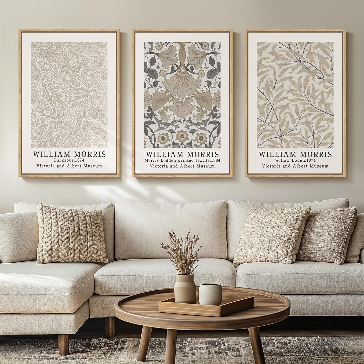 Framed Large William Morris Vintage Wall Art Set of 3, Large Neutral Botanical Floral Canvas Prints, Nature Rustic Boho Artwork for Living Room, Bedroom, Hallway or Office, 24x36 Inch 24"W x 36" H x 3Pcs Vintage