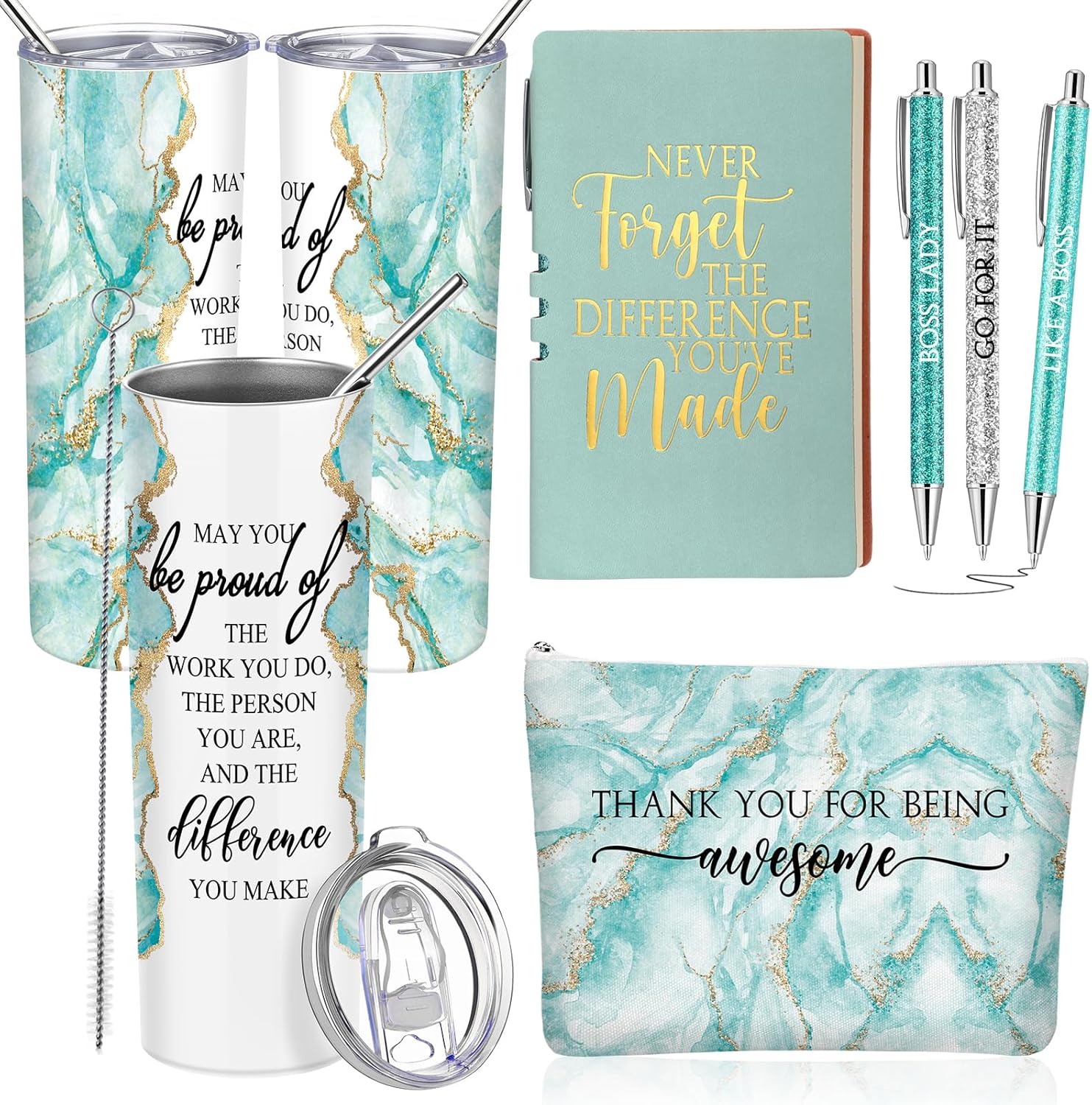 Domensi 6 Pcs Employee Appreciation Gift Set for Women Female Thank You Gift May You Be Proud 20 oz Rustic Marble Sign Tumbler Makeup Bag Journal for Nurse Lady Work Business(Green)