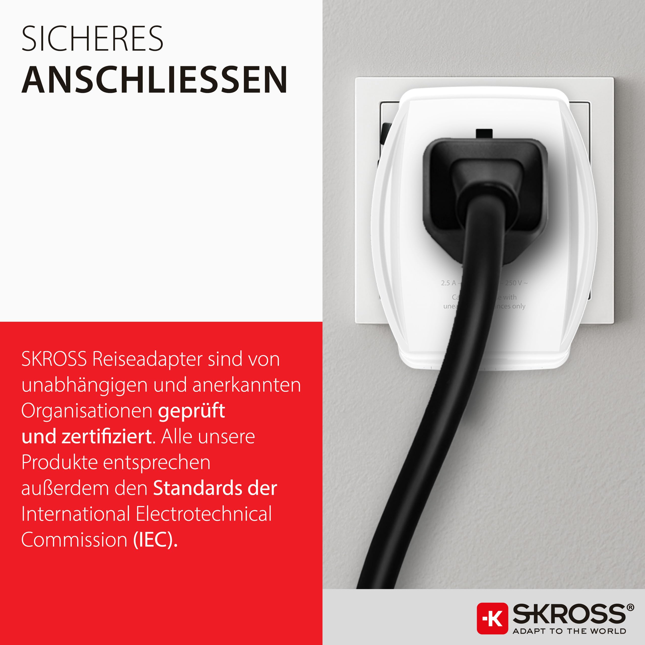 SKROSS -MUV USB AC65PD z kablem USB-C (160 cm) – 2-biegunowy uniwersalny adapter podróżny + 1 x USB C i 1 x USB 65 W – napięcie i moc: 100 V – 250 W/250 V – 625 W do laptopów, tabletów i smartfonów