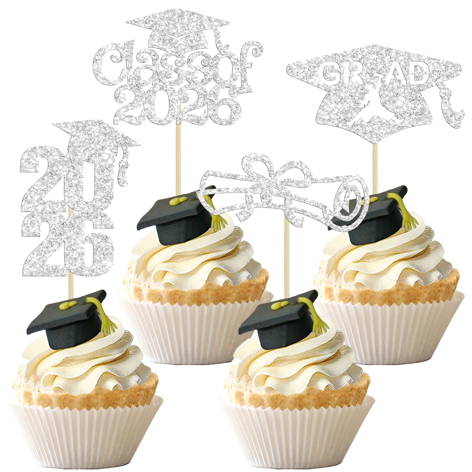 Ephlyn 24Pcs 2026 Graduation Cupcake Toppers Glitter Class of 2026 Diploma Grad Cap Cupcake Picks 2026 Graduation Theme Party Cake Decorations Supplies Silver