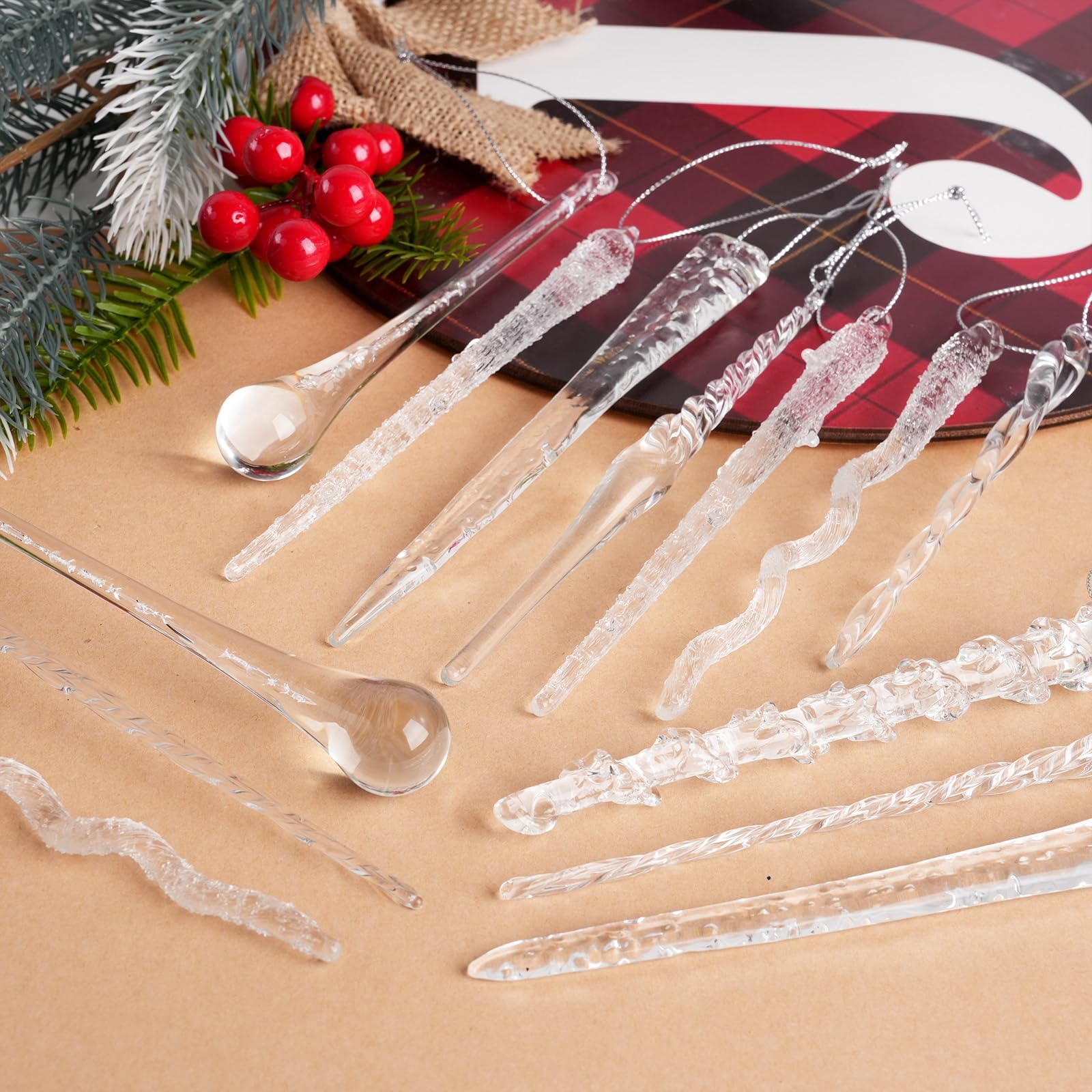 Glas-Eiszapfenornamente für Weihnachtsbaumschmuck, 32 Stück, klares Glas, Eiszapfen, Hängeornamente, Anhänger für Weihnachtsbaum, Frozen, Winter, Hochzeit, Neujahr, Party, Heimdekoration, 9 Designs