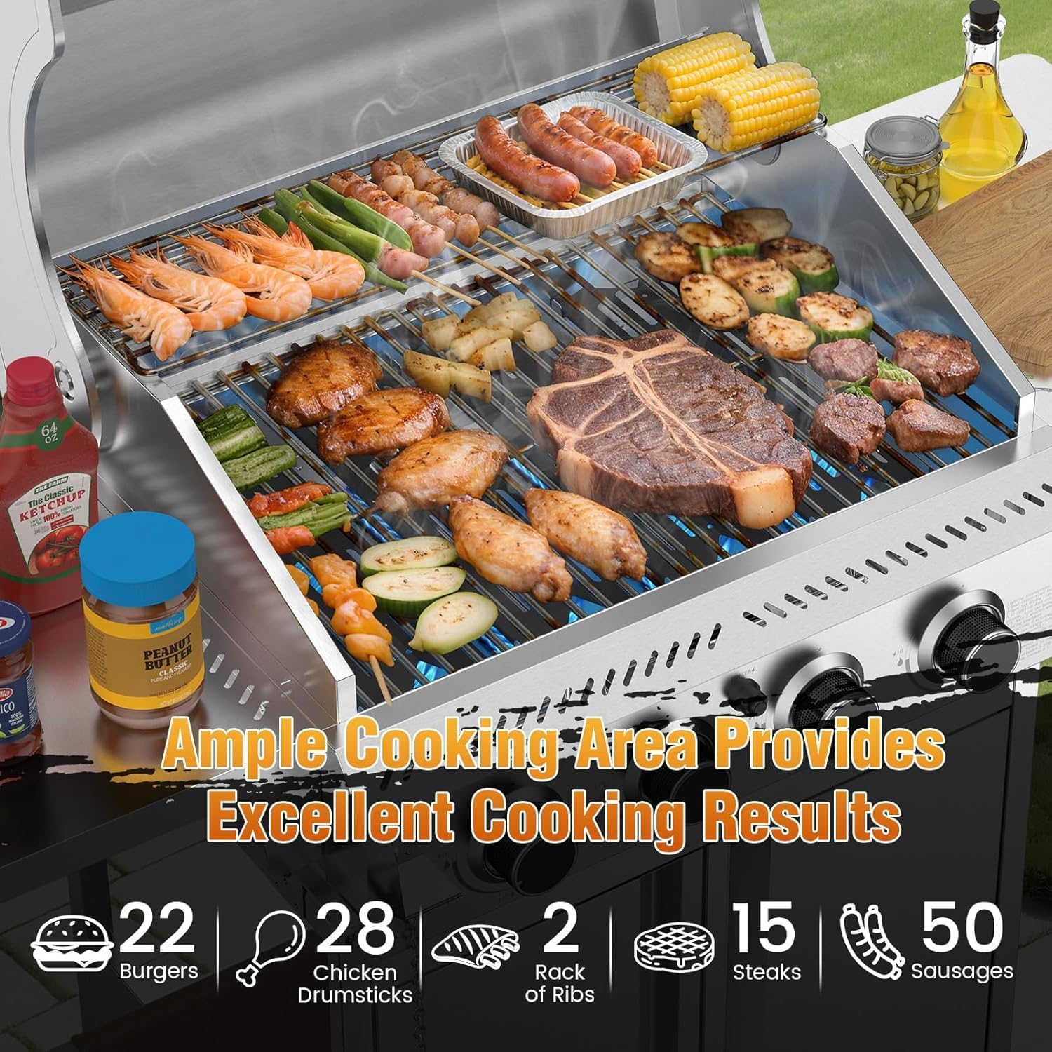 4-Burner Gas Grill,Propane Grill with Folding Side Tables,Heavy-Duty Thickened Stainless Steel Grill,32,000 BTU BBQ Grill for Outdoor Cooking,Barbecue,Garden and Patio Backyard