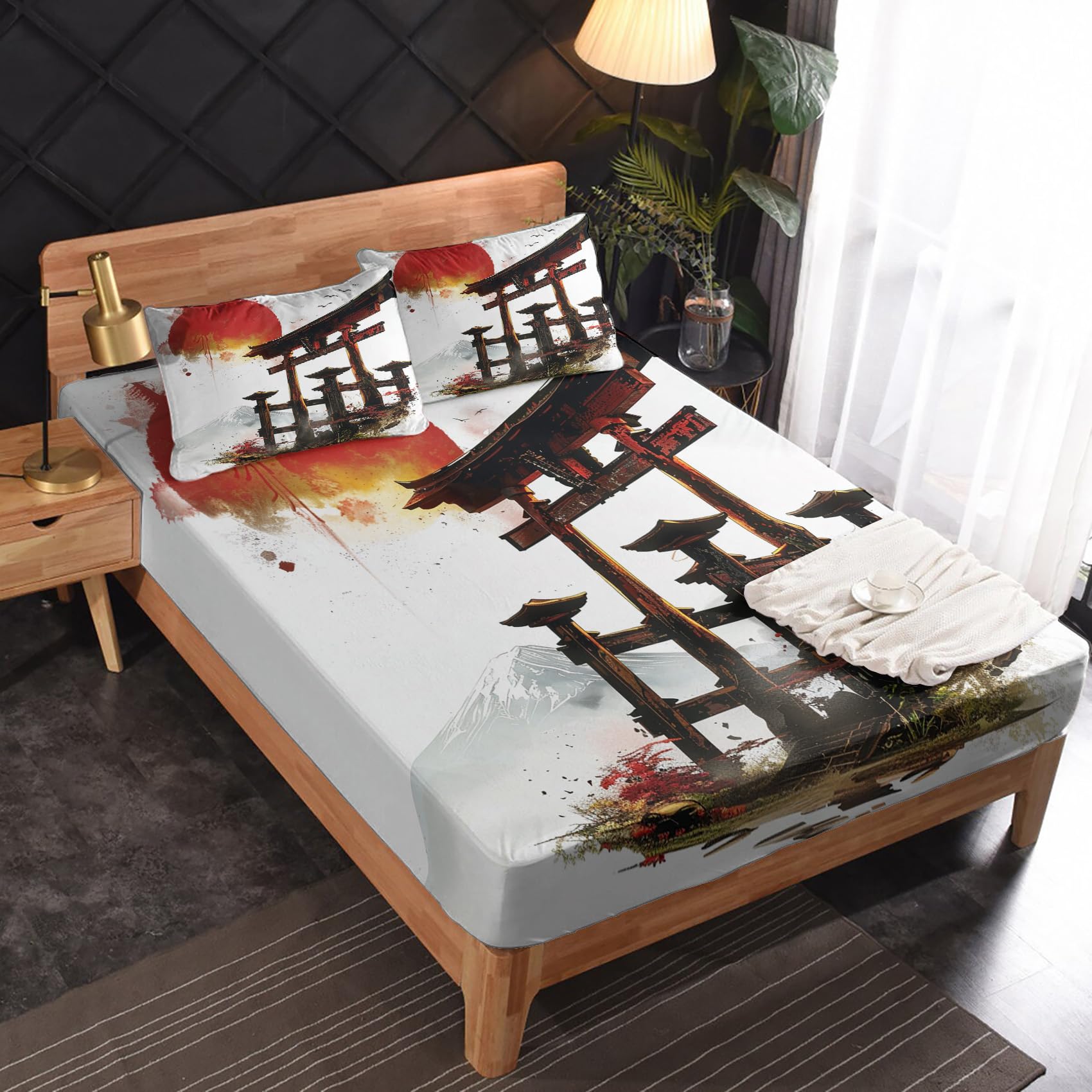 Zvynqour - Japanese Torii Twin XL Sheet Set, Japanese Style Sheet Set, 3 Piece Bedding with 16" Deep Pocket, Bedroom Decor