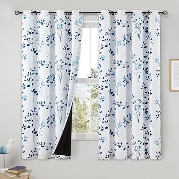 Beauoop Navy Blue Floral Blackout Bedroom Curtains 54 inch Drop 2 Panels | Black Out Leaf Print White Eyelet Drapes,Noise Reducing,Thermal Insulated Botanical Patterend Curtain for Living room