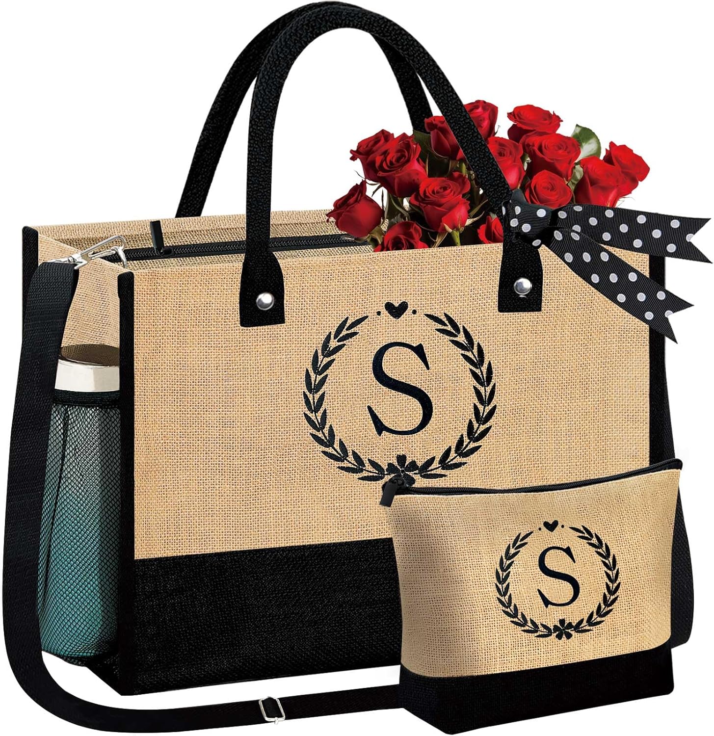 GhvyenntteS Gifts for Women - Initial Jute Tote Bag & Makeup Bag, Valentines Day Gifts for Her Teacher Mom Wife Friend Birthday