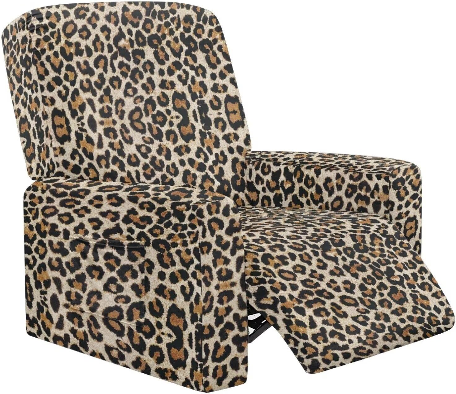 Leopard Print Recliner Slipcovers 4-Pieces Lazyboy Couch Chair Cover Non-Slip Reclining with Storage Pockets Furniture Protector for Living Room