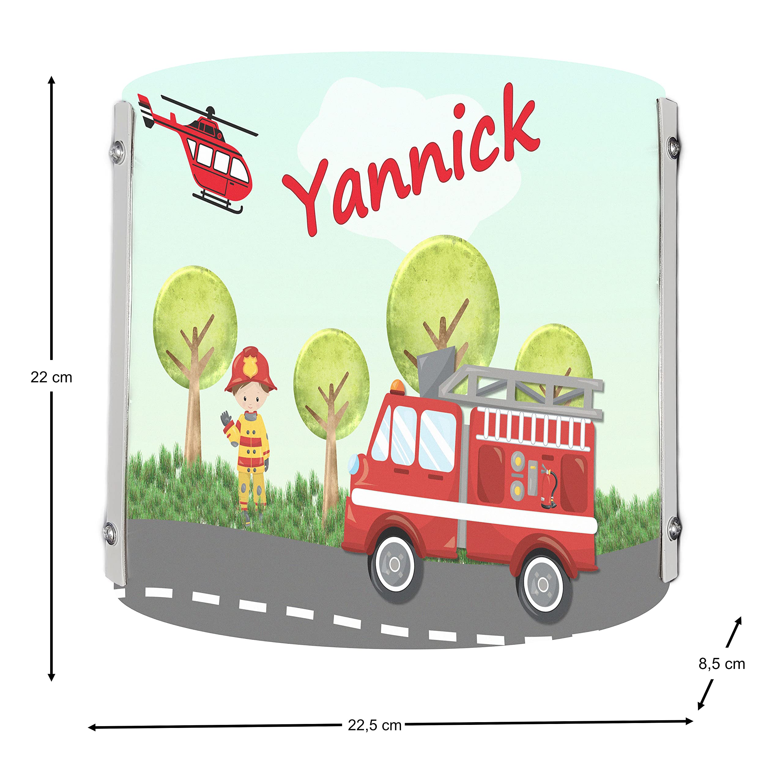WA-1009, Feuerwehr, Kinderzimmer Wandlampe personalisiert mit Namen, Nachtlicht/Schlummerlicht für Steckdose, E14, 22 x 22,5 x 8,5 cm