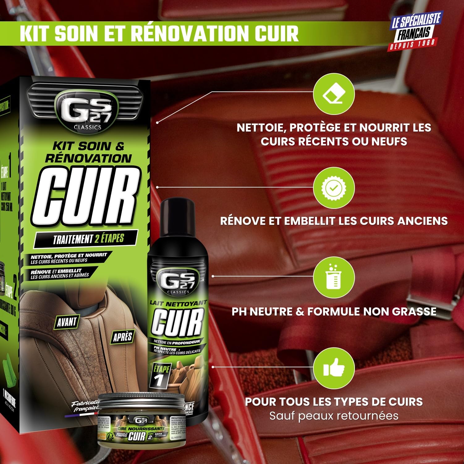 GS27 - Kit Soin et Rénovation Cuir - Entretien Cuir Voiture - 1 Lait + 1 Cire + 1 Microfibre