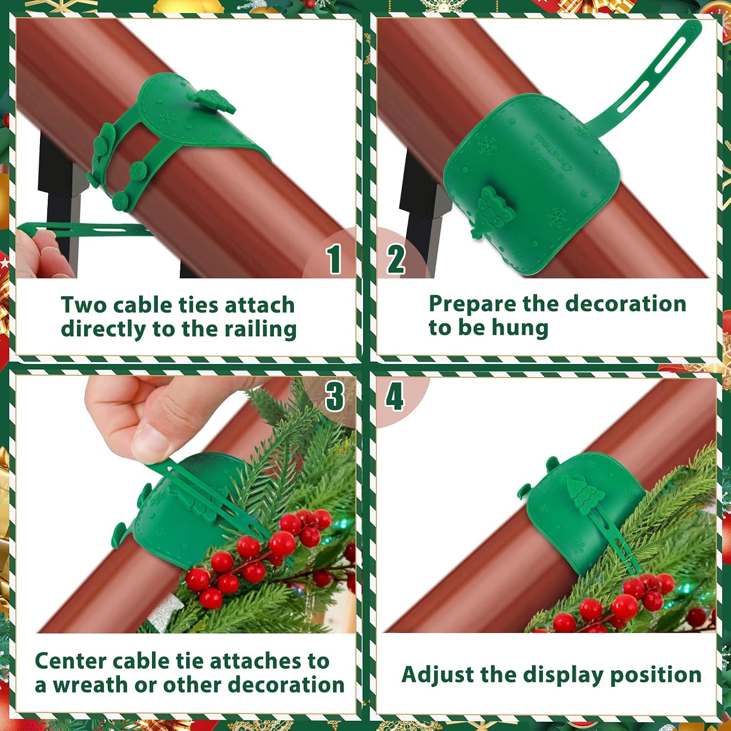5 Pcs Garland Ties for Banister Protection, Christmas Railing Protection Holiday Wreath Ties, Silicone Garland Ties with Padding Prevents Scratches Wreath Hanging Fasteners for Stairs Decor (Green)