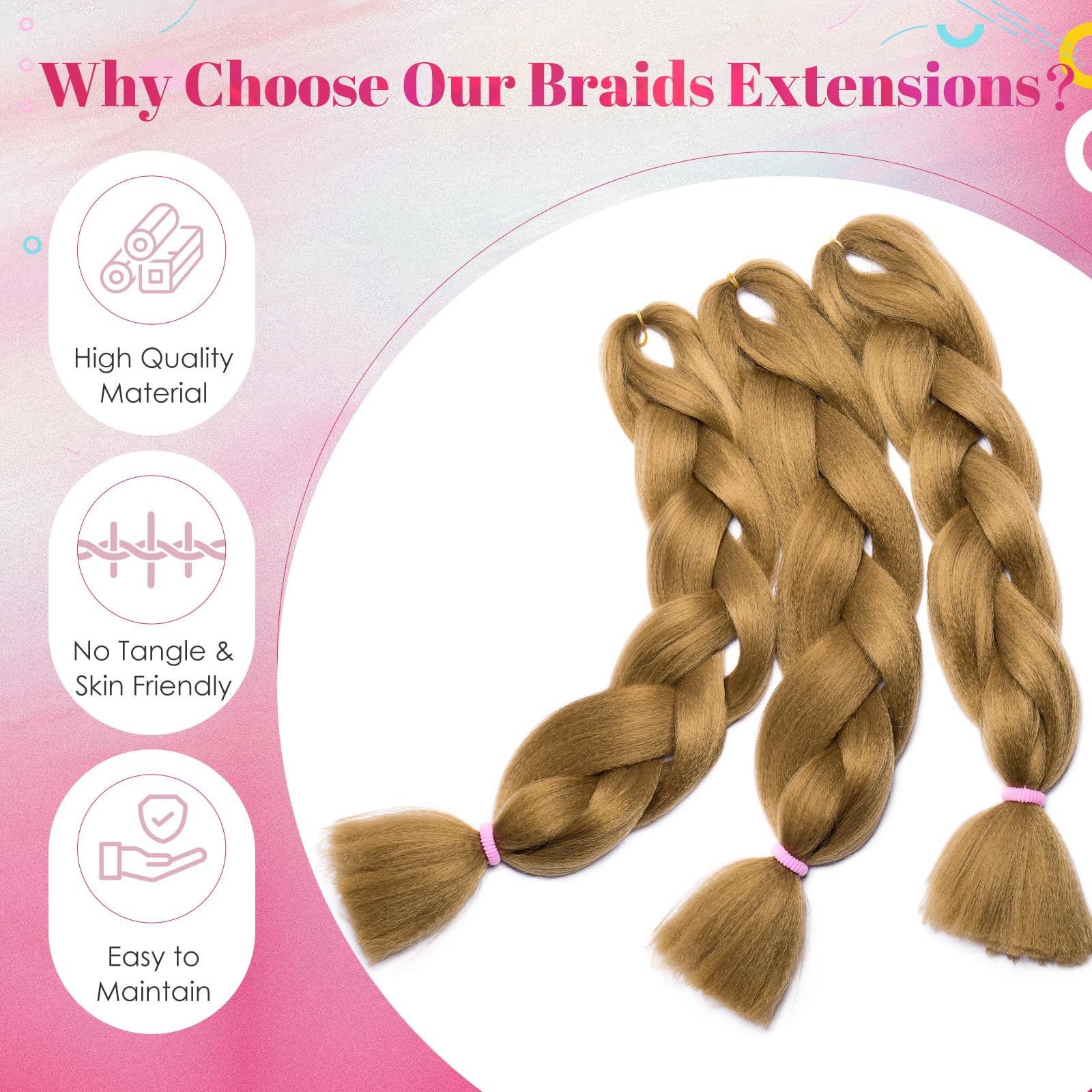 Benehair 3 Packs 24 Inch Braid Extensions Jumbo Box Braiding Hair for Twist Colorful Synthetic Hair Extensions for Braiding Dark Blonde Hair Extensions for Women(3 Packs - Image 4
