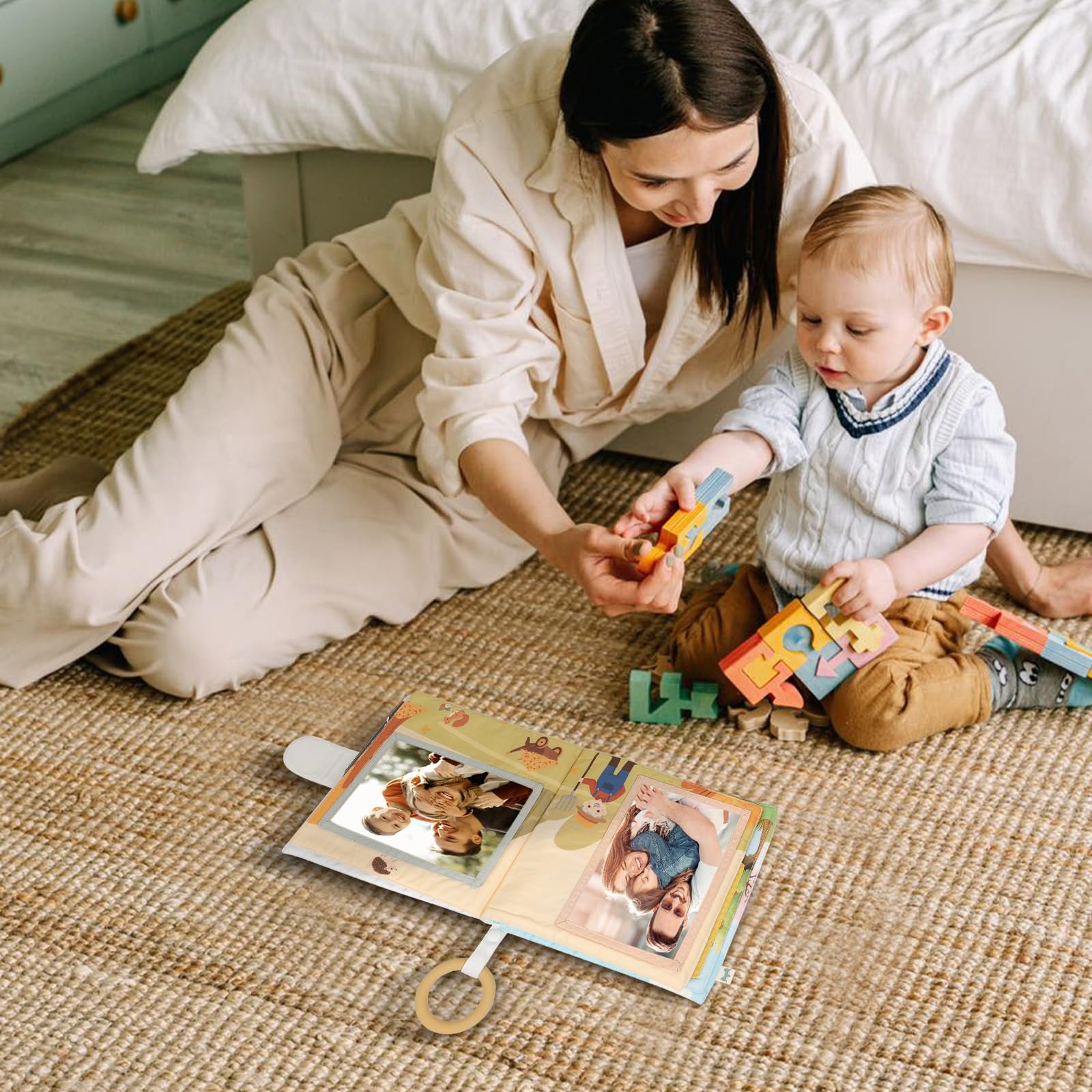 Babyfotoalbum, stof, onderbrengen, 10 x 15 cm, fotoboek, stof met sterhaak, veiligheidsspiegel voor kinderen, zuigelingen, pasgeborenen (groen