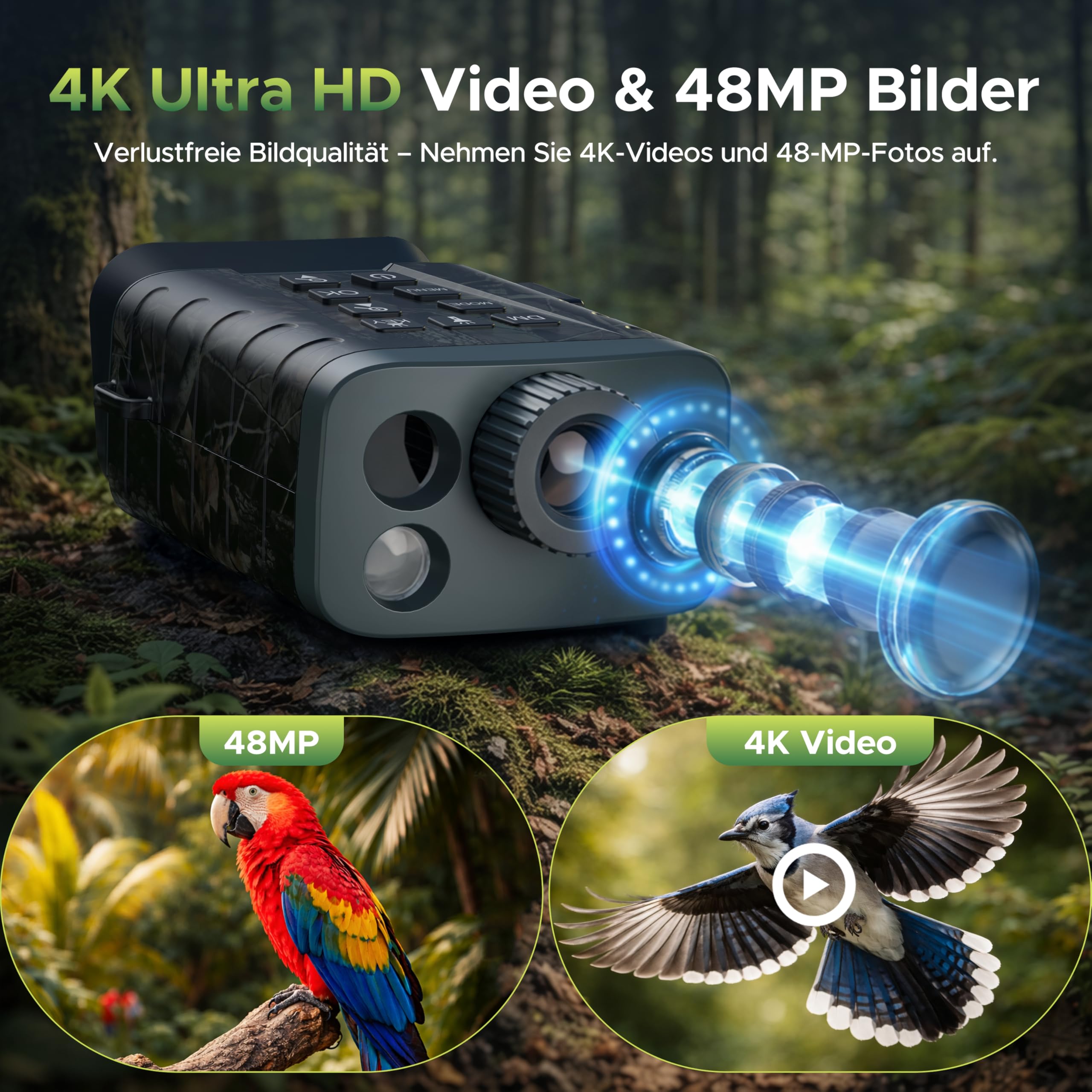 VOOPEAK Nachtsichtgerät mit Entfernungsmesser 4K Video 18X Zoom 1000m Distanzmessung 600m Nachtsicht 5000mAh 64GB