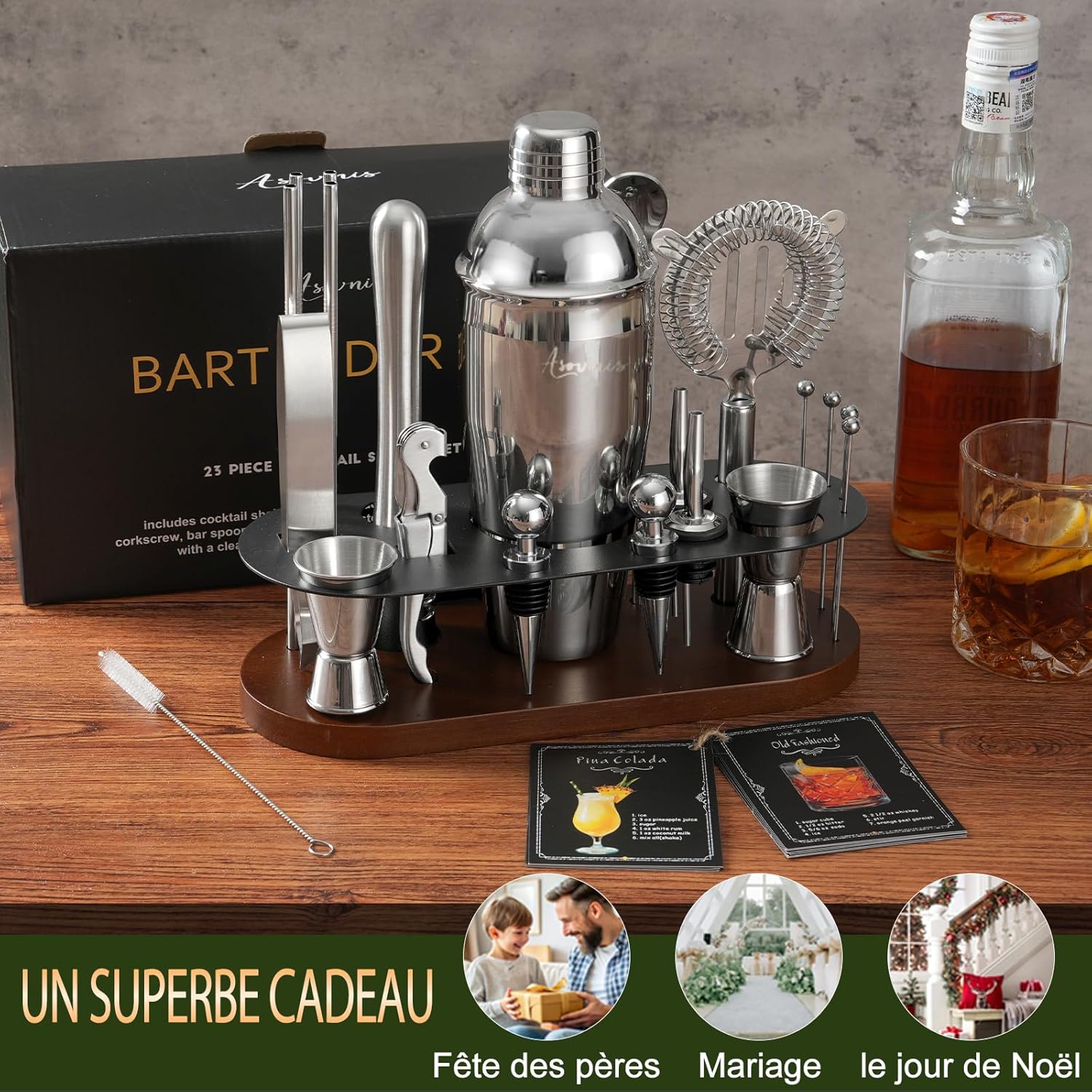 23-Piece Bartender Kit, Cocktail Shaker Set with Stand | Bar Set Drink Mixer Set with All Essential Bar Tools: Martini Shaker,Bar Mixer Spoon, Jigger, Strainer, Muddler, Pourers, for Home, Bar, Party