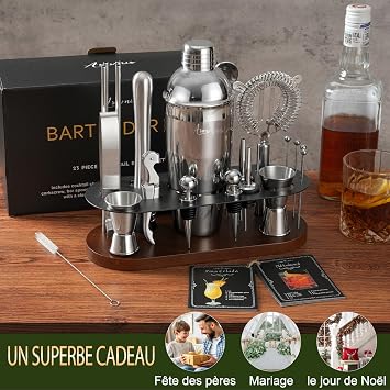 23-Piece Cocktail Shaker Set with Stand, 304 SS, Bartender Kit Gift | Complete Home Bar Set- Leak-proof Shaker, Jigger, Muddler, 18/8 Steel, Gift for beginners, cocktail lovers & house parties